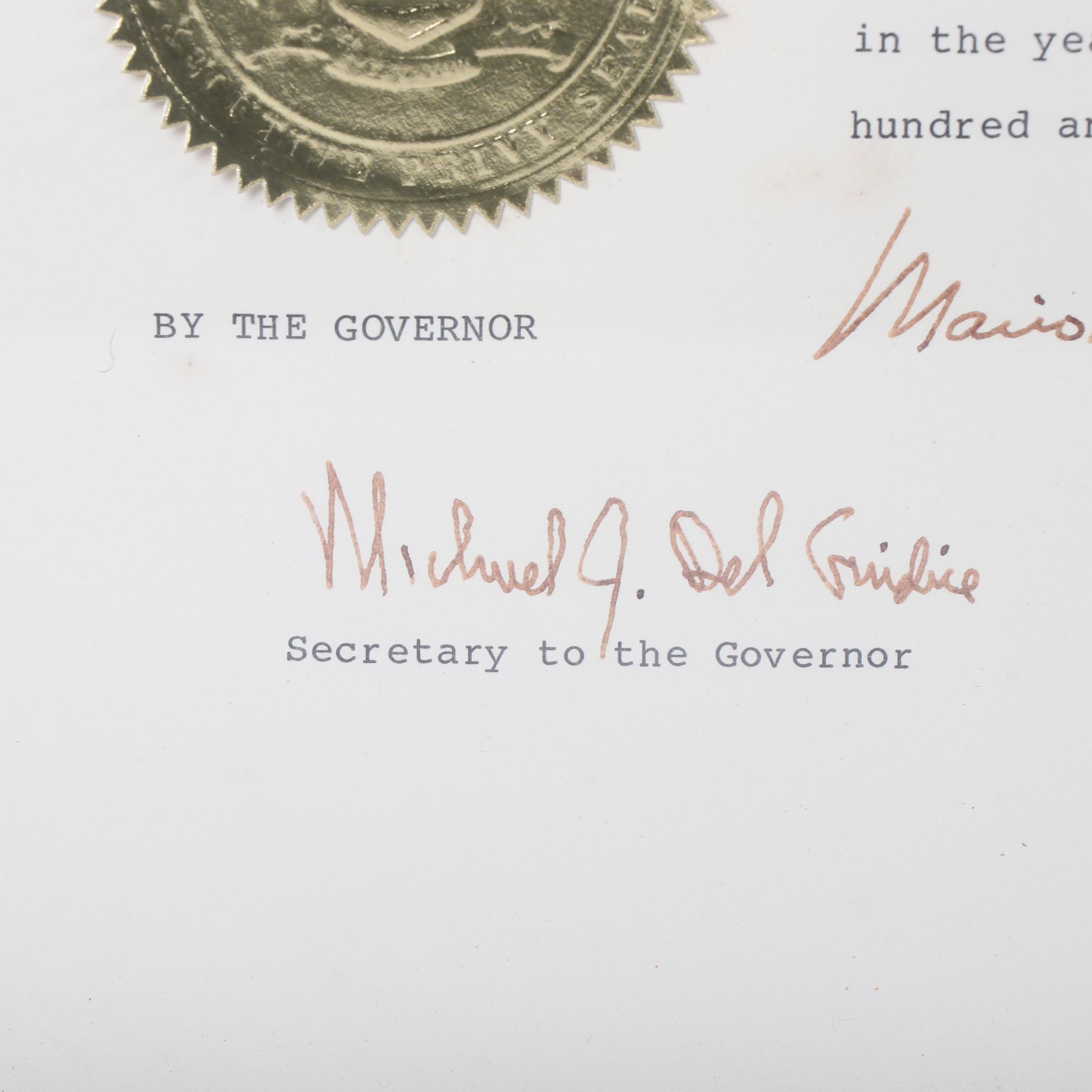 Framed New York Governor Mario Cuomo Signed Senate Documents with Pens