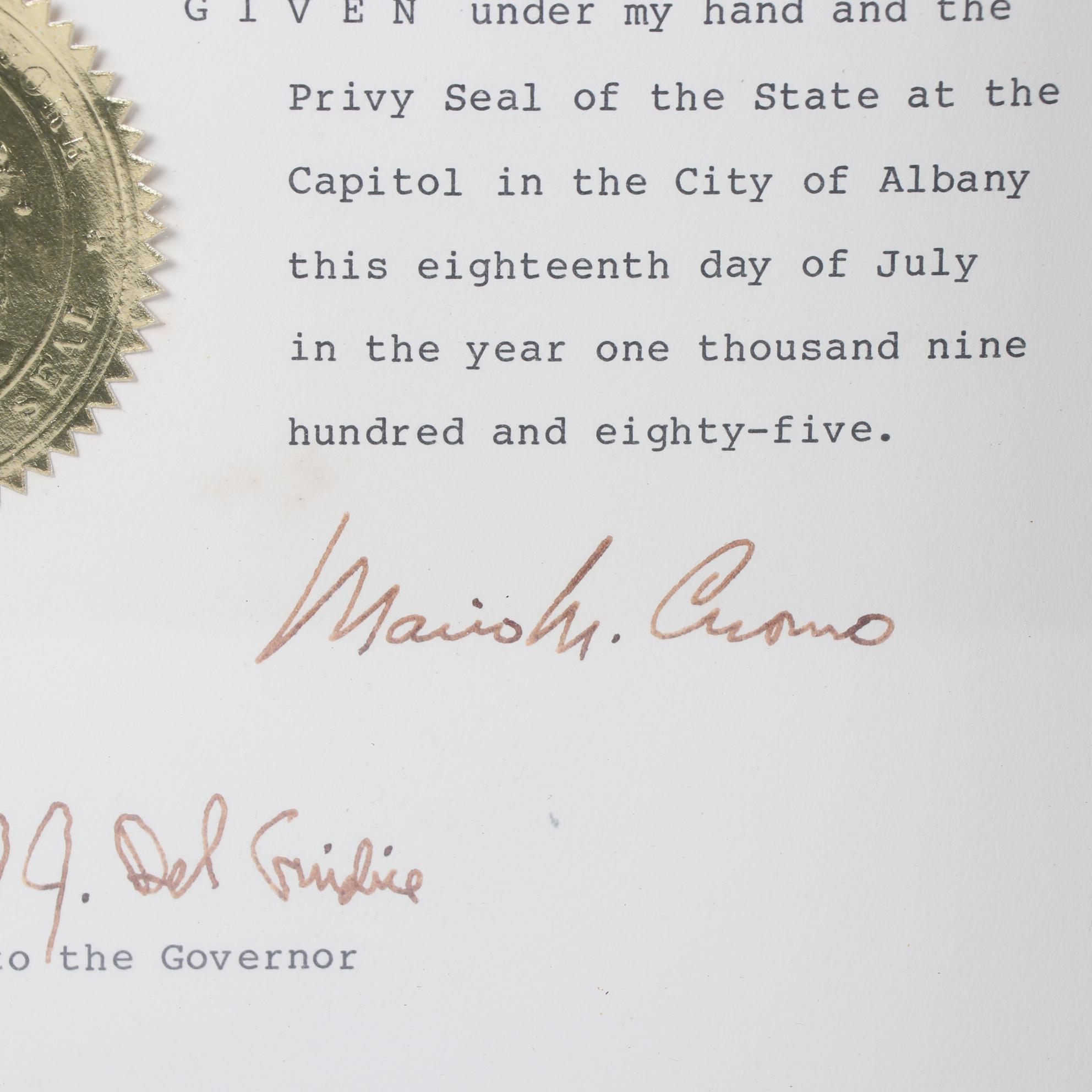 Framed New York Governor Mario Cuomo Signed Senate Documents with Pens