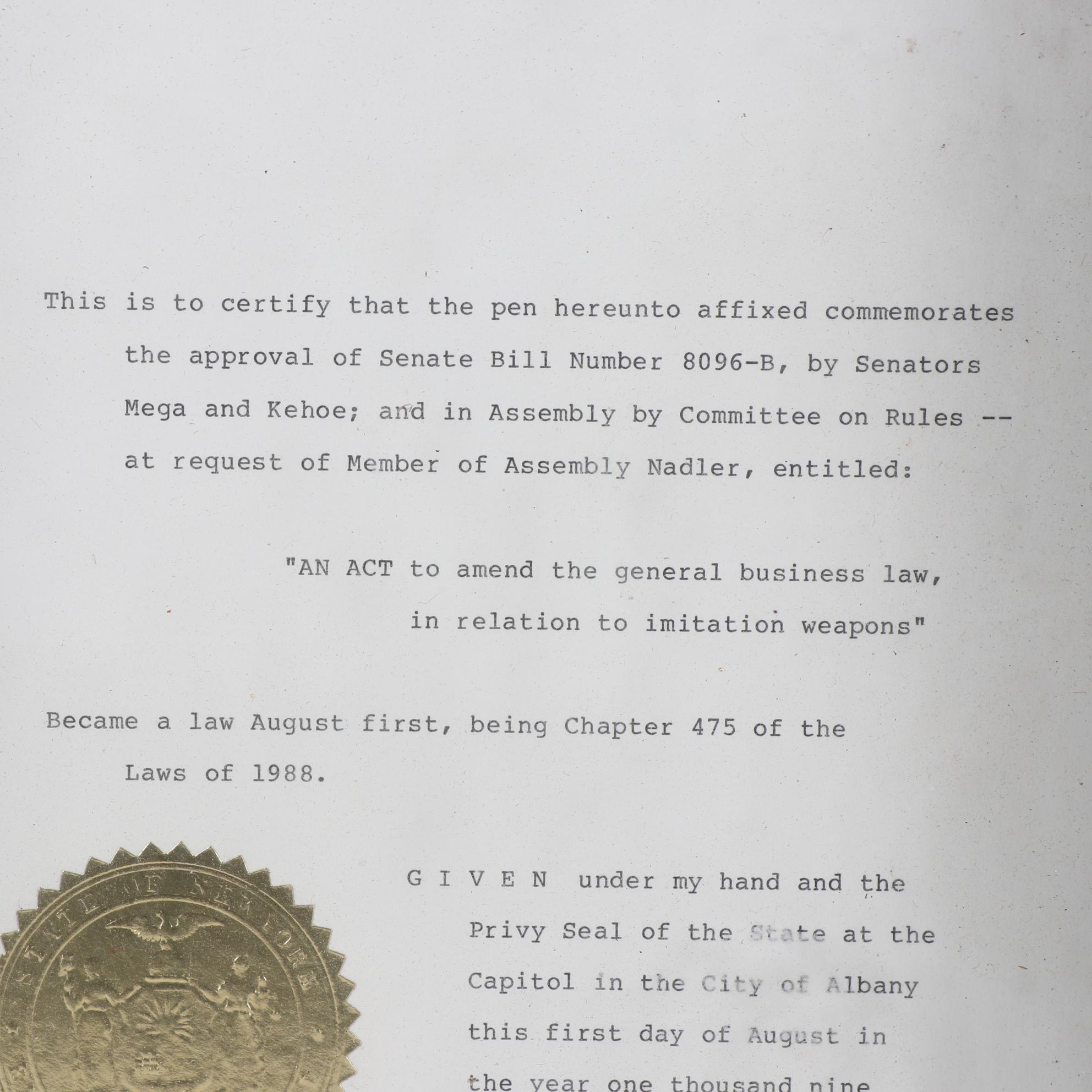 Framed New York Governor Mario Cuomo Signed Senate Documents with Pens