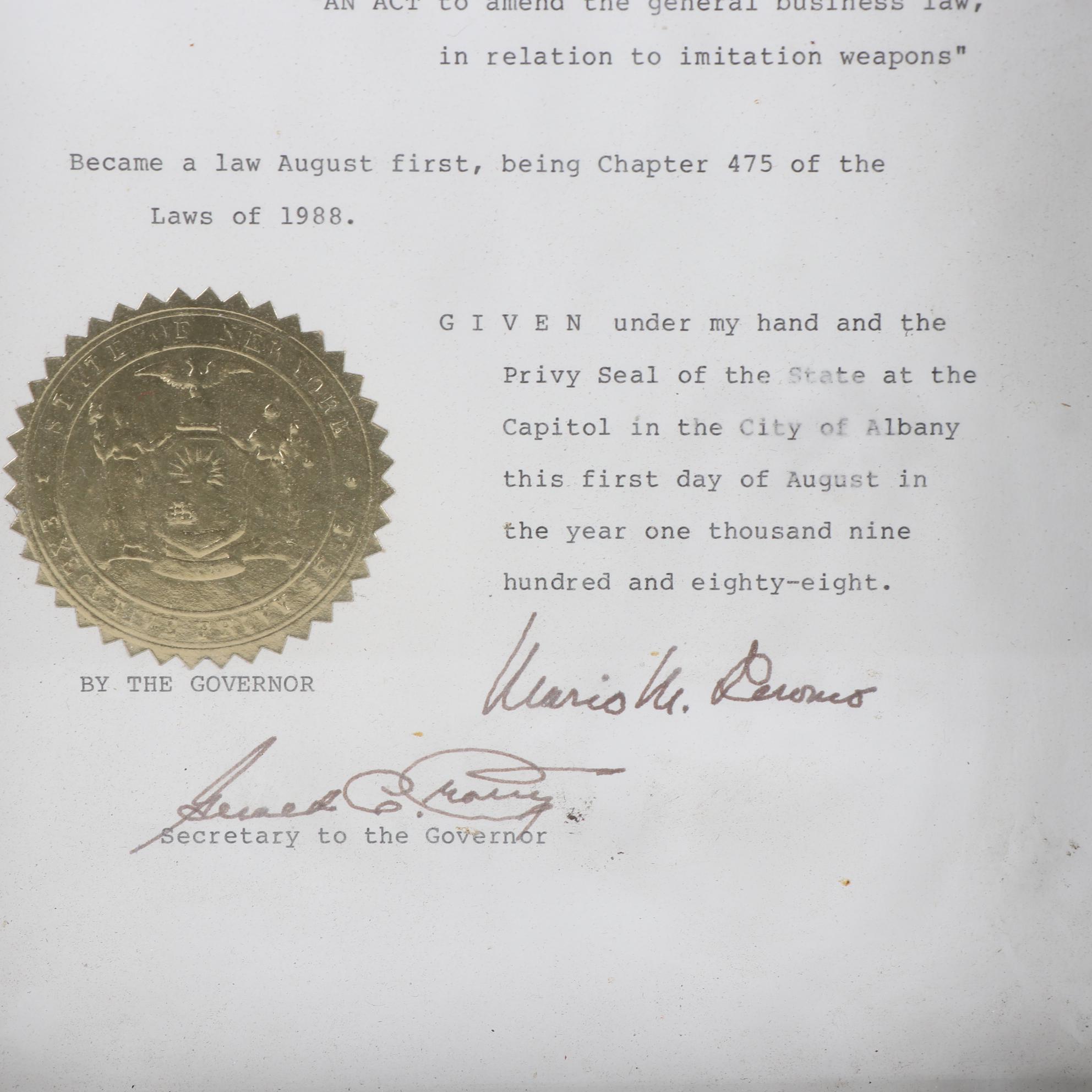 Framed New York Governor Mario Cuomo Signed Senate Documents with Pens