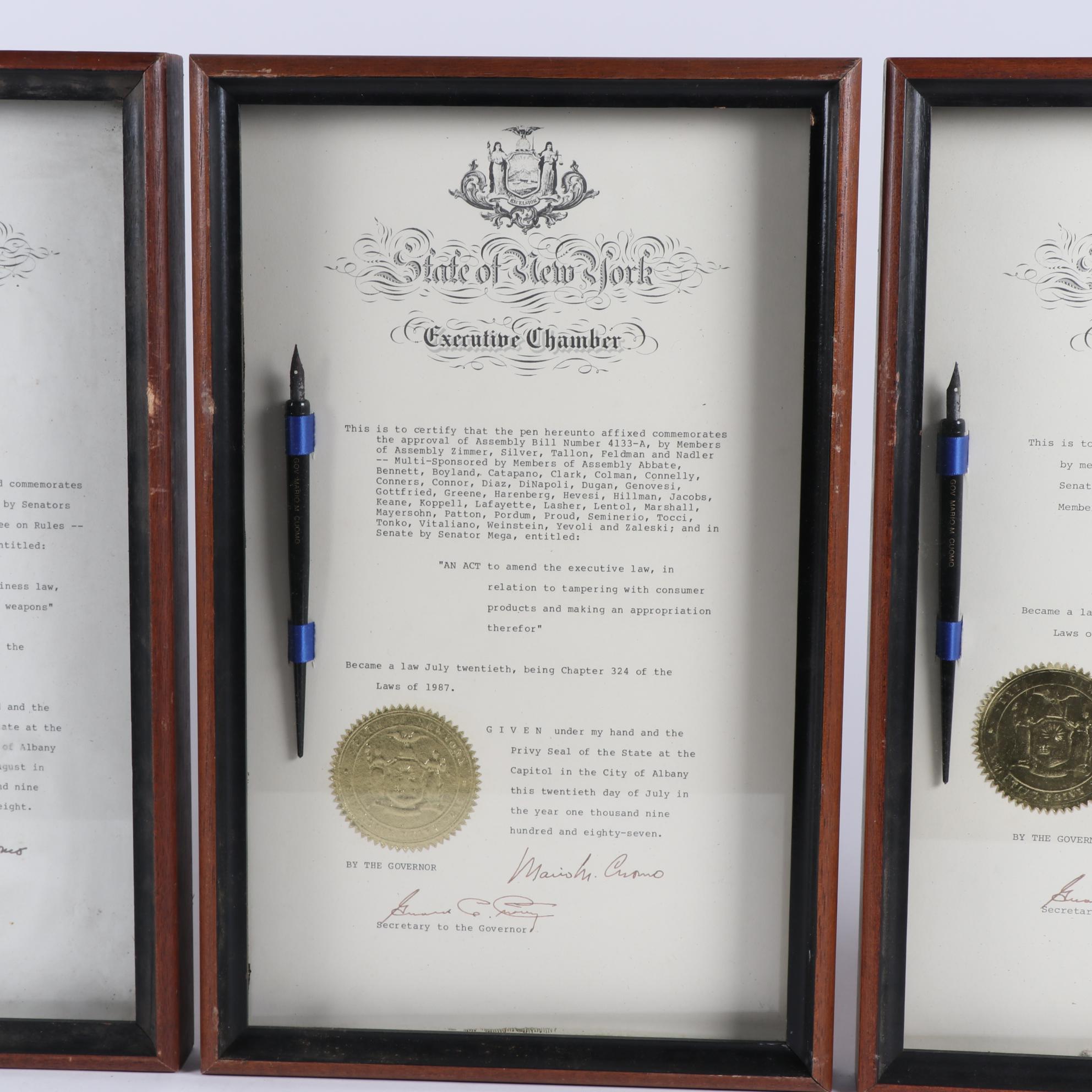 Framed New York Governor Mario Cuomo Signed Senate Documents with Pens