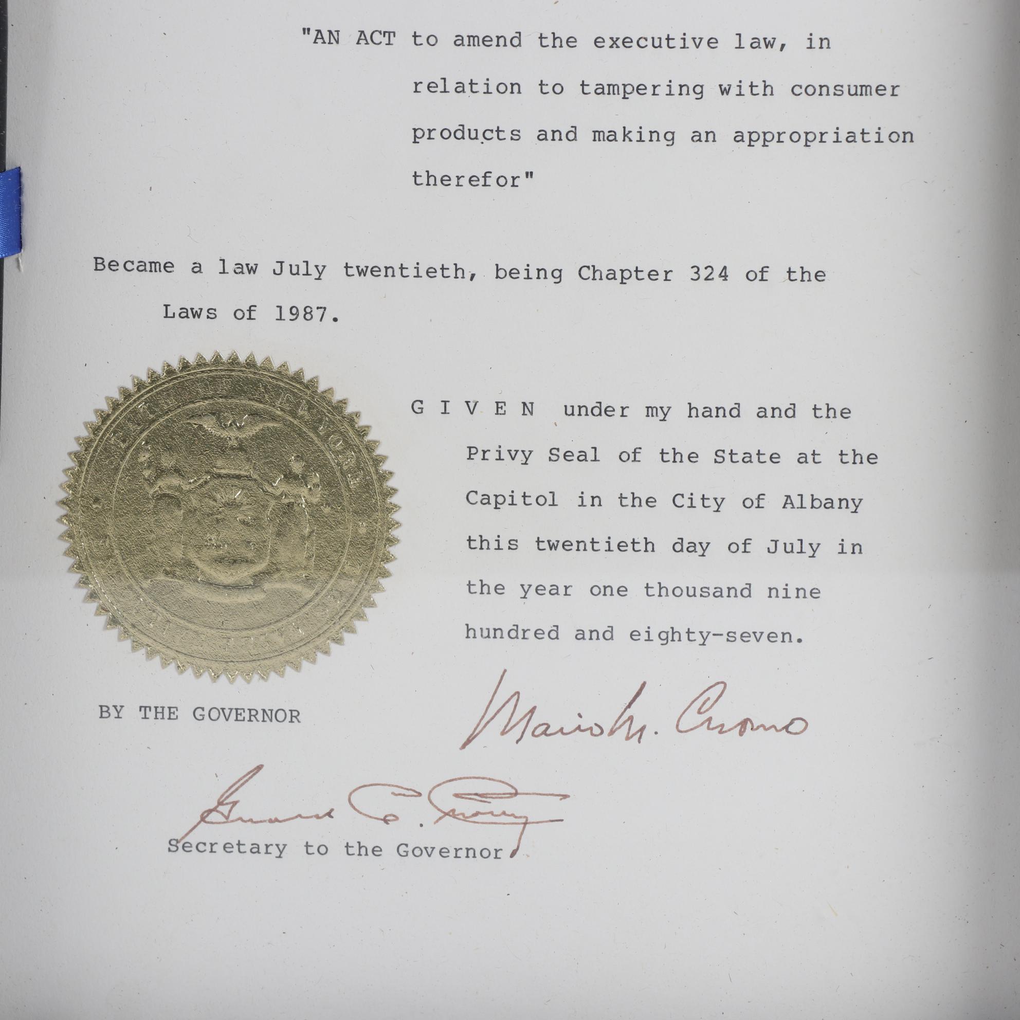 Framed New York Governor Mario Cuomo Signed Senate Documents with Pens