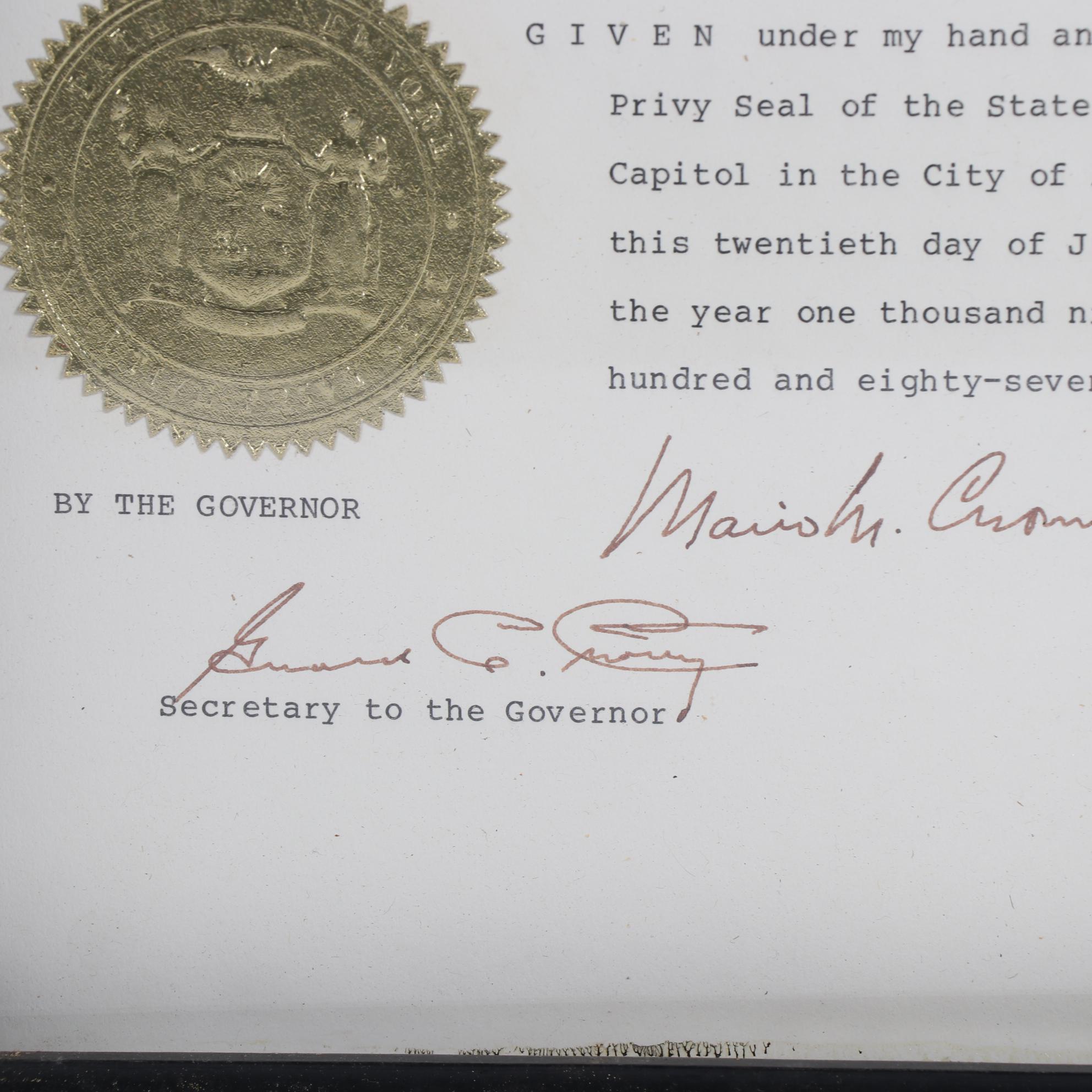 Framed New York Governor Mario Cuomo Signed Senate Documents with Pens