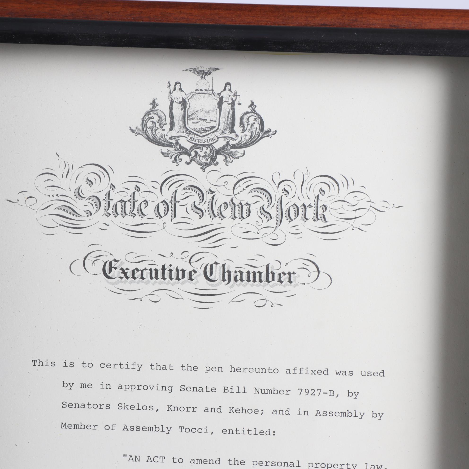 Framed New York Governor Mario Cuomo Signed Senate Documents with Pens