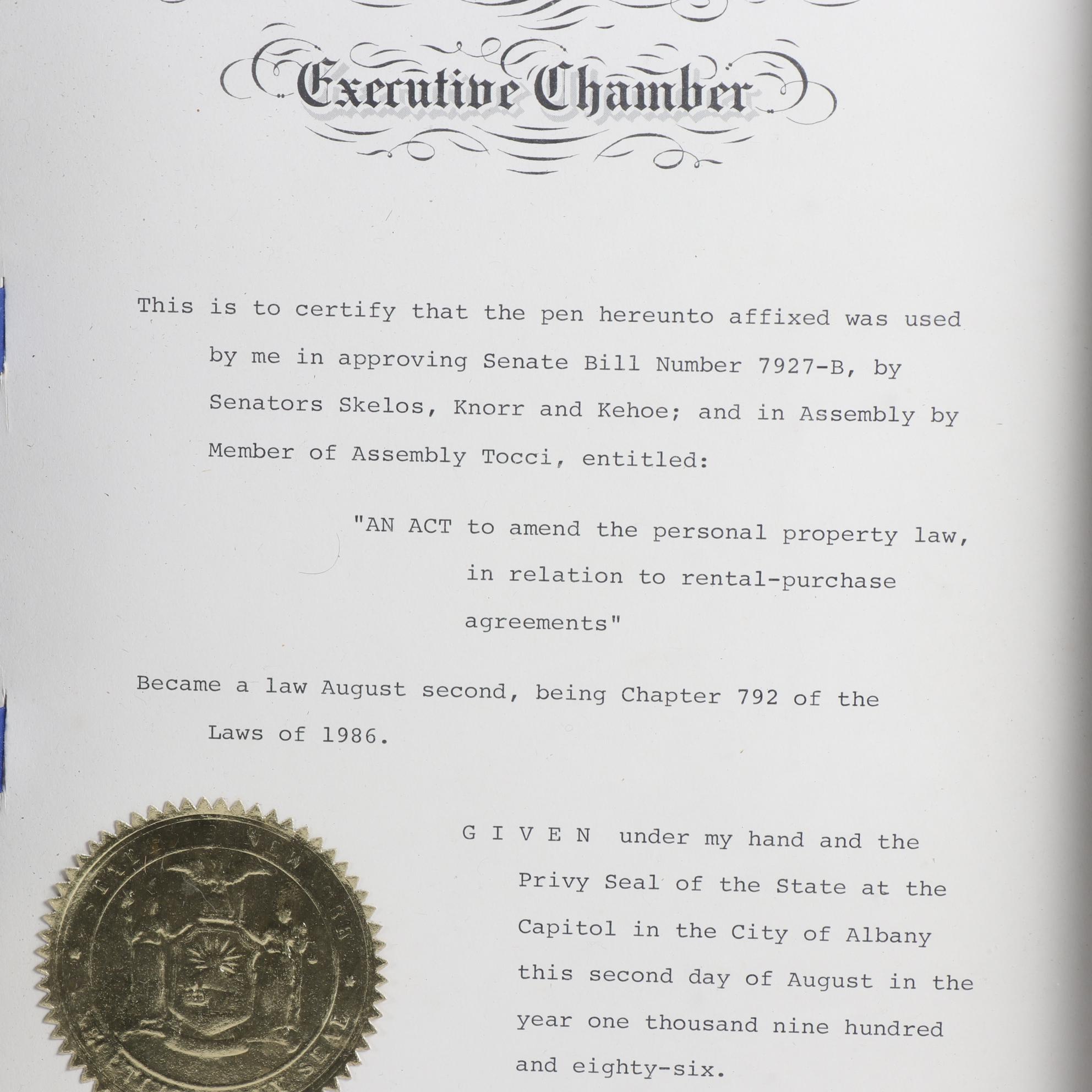 Framed New York Governor Mario Cuomo Signed Senate Documents with Pens