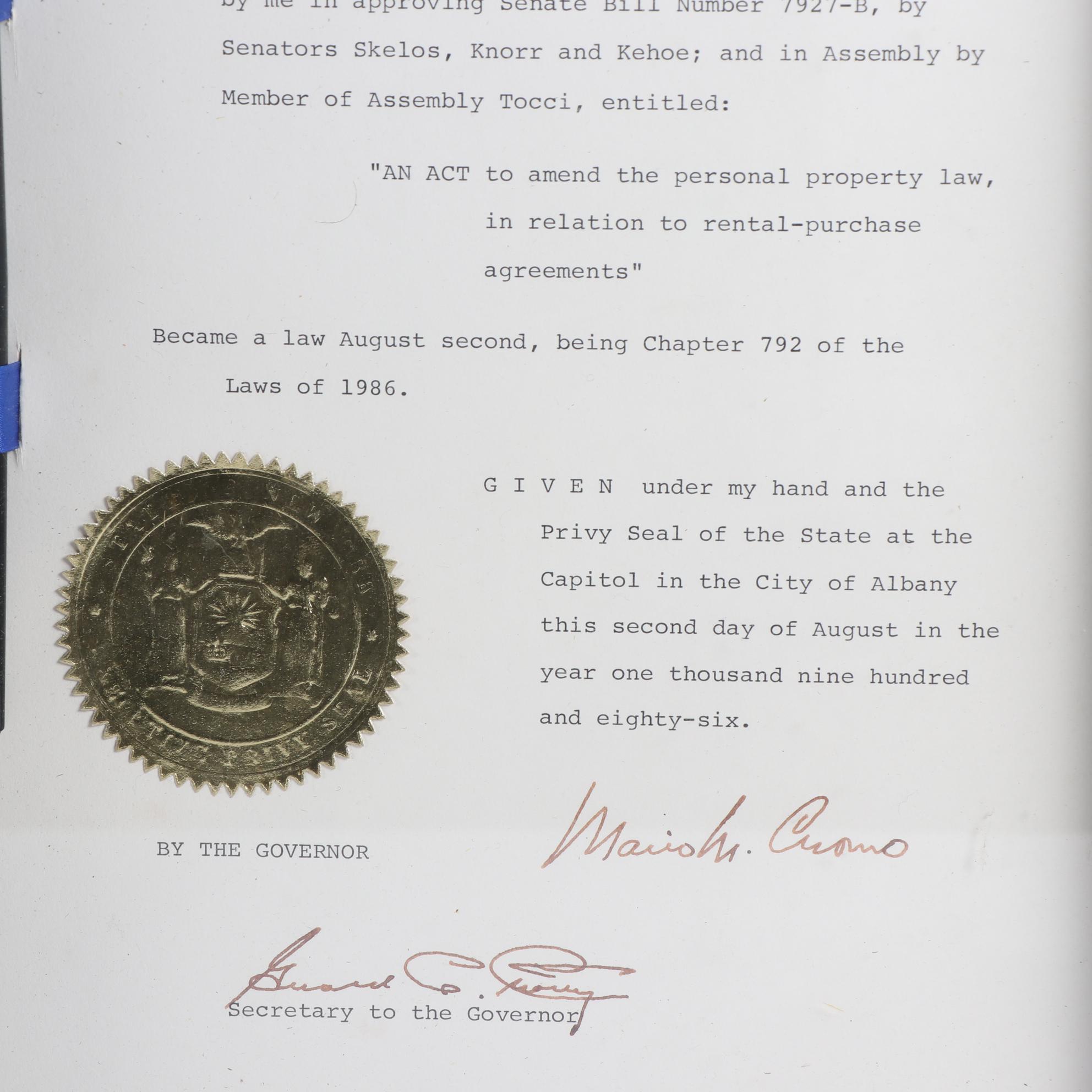 Framed New York Governor Mario Cuomo Signed Senate Documents with Pens