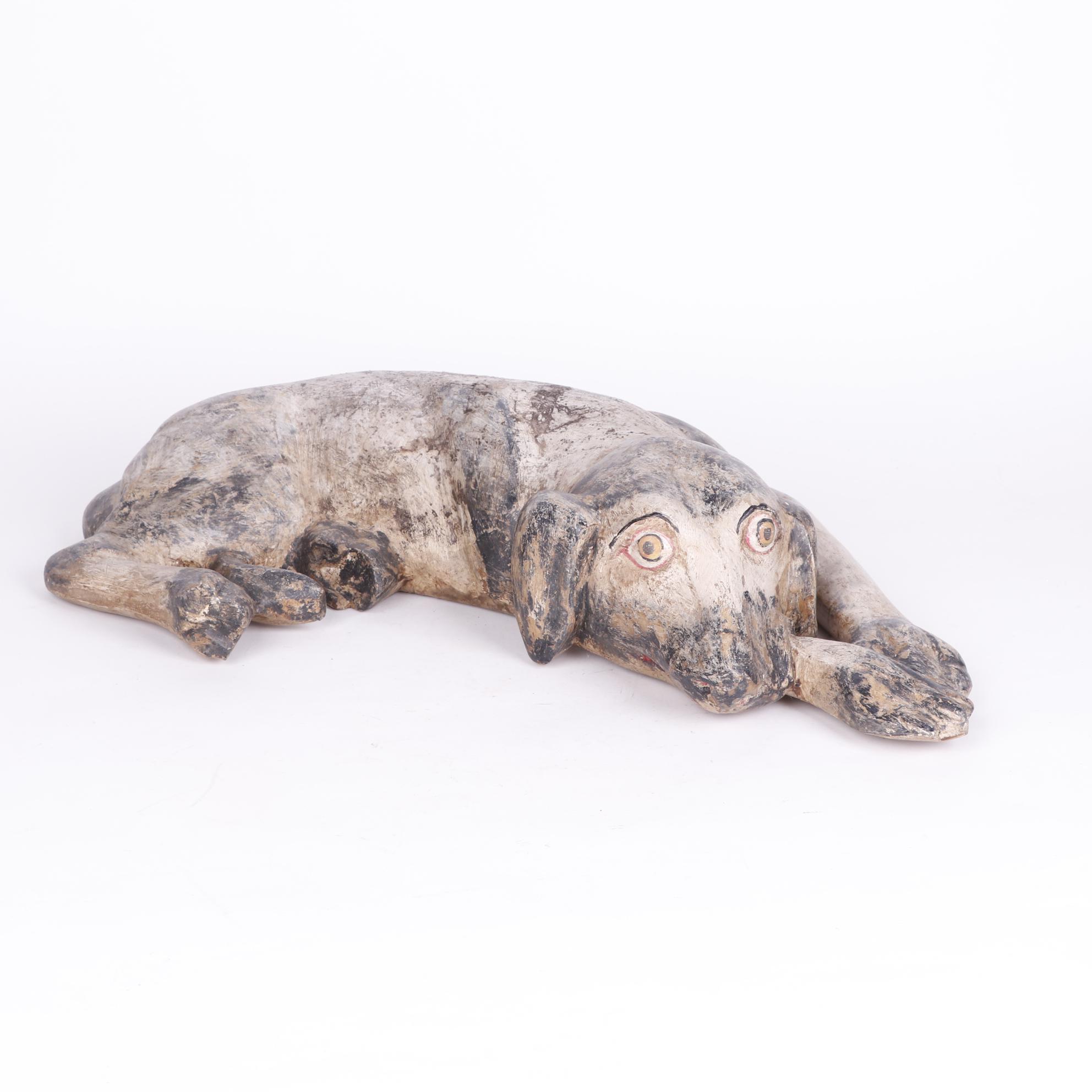 Folk Art Style Carved Wooden Dog Sculpture
