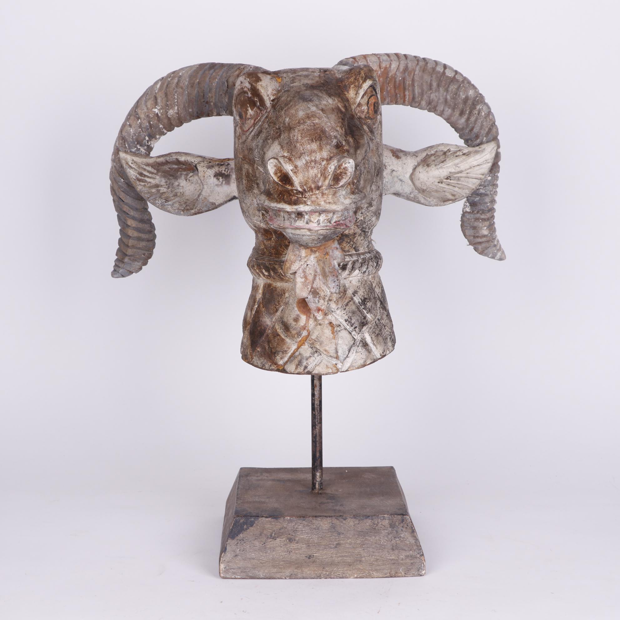 Folk Art Style Carved Wooden Billy Goat Head on Stand
