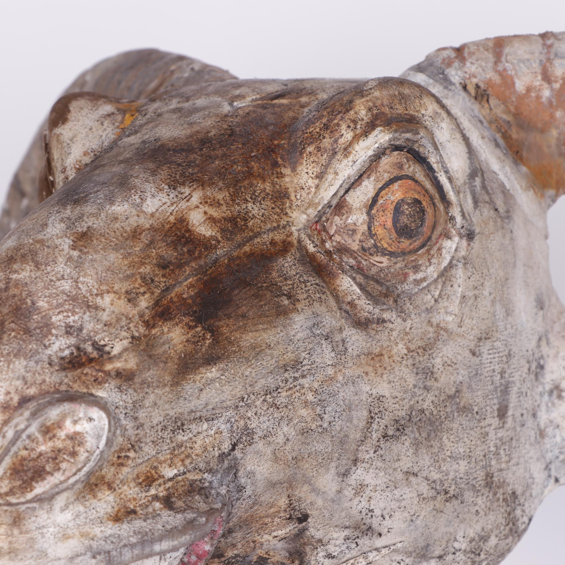 Folk Art Style Carved Wooden Billy Goat Head on Stand