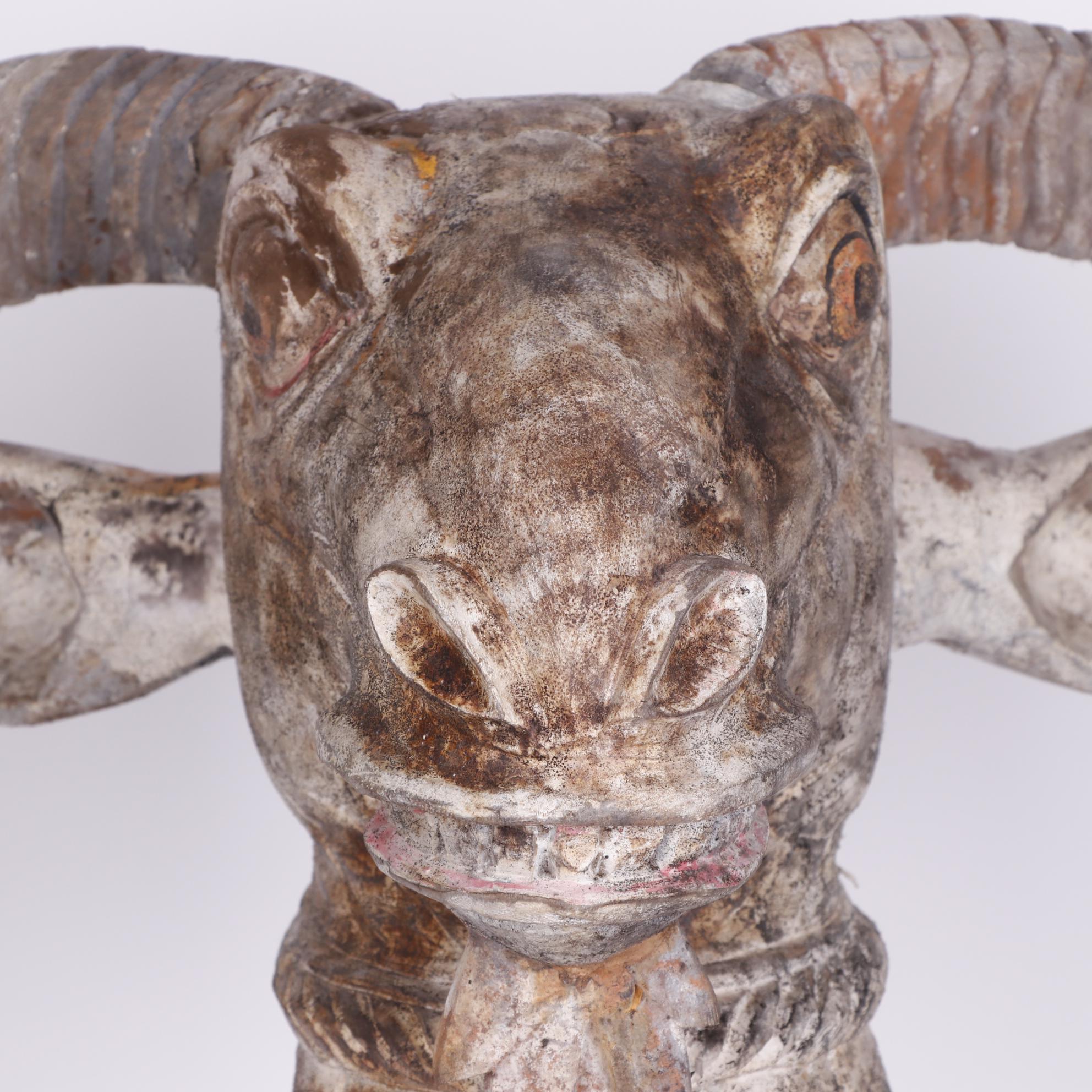 Folk Art Style Carved Wooden Billy Goat Head on Stand