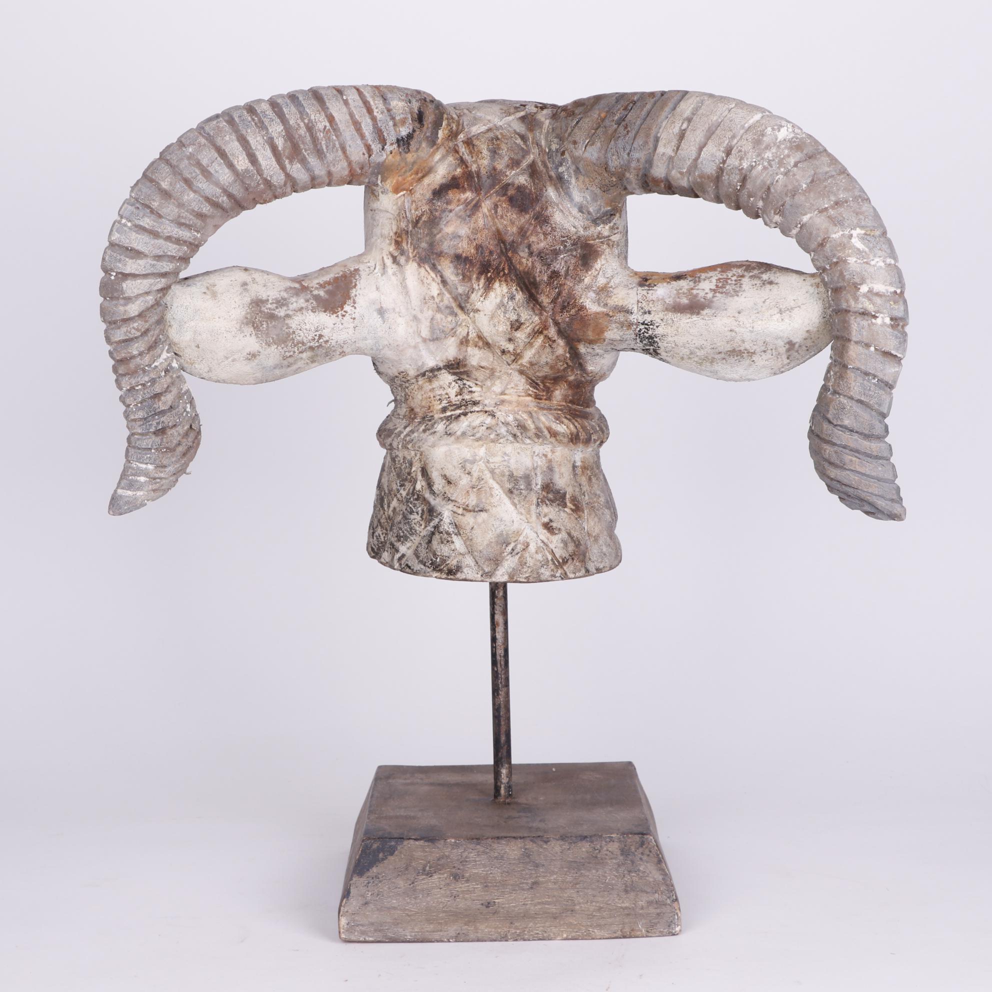 Folk Art Style Carved Wooden Billy Goat Head on Stand