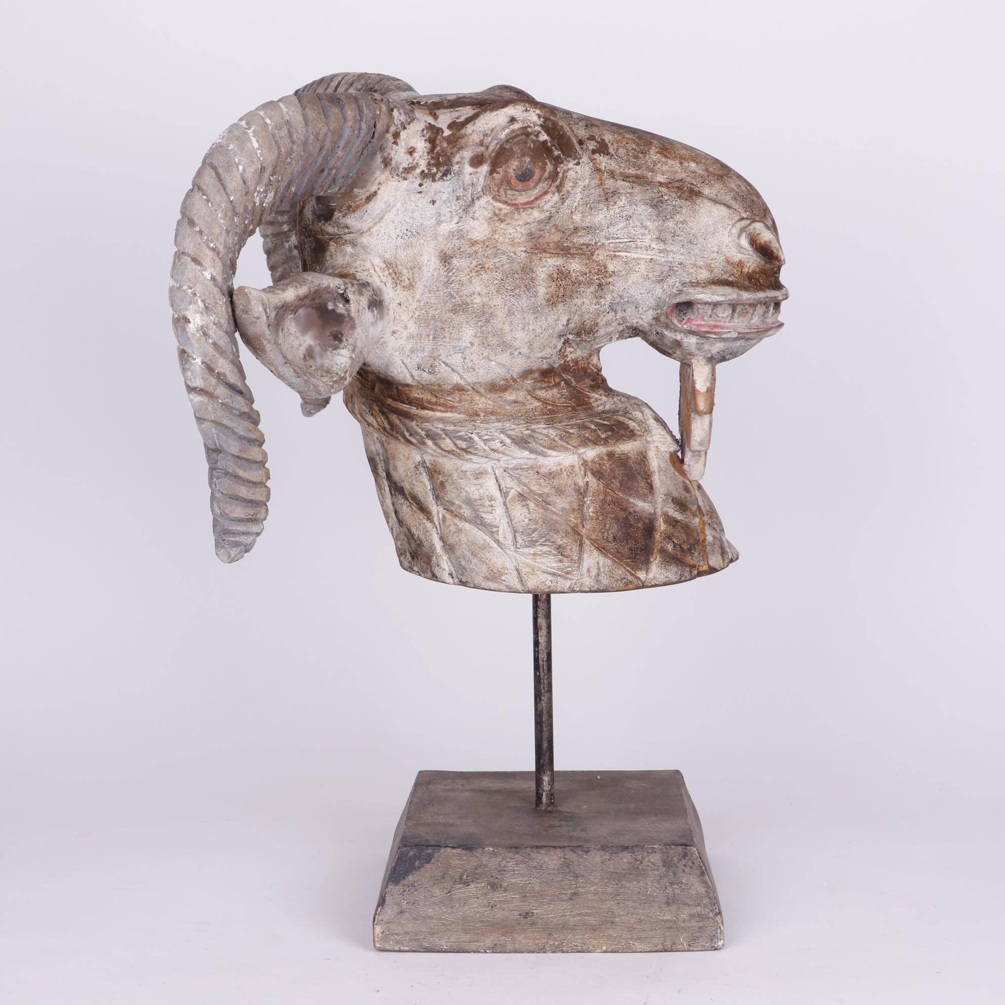 Folk Art Style Carved Wooden Billy Goat Head on Stand
