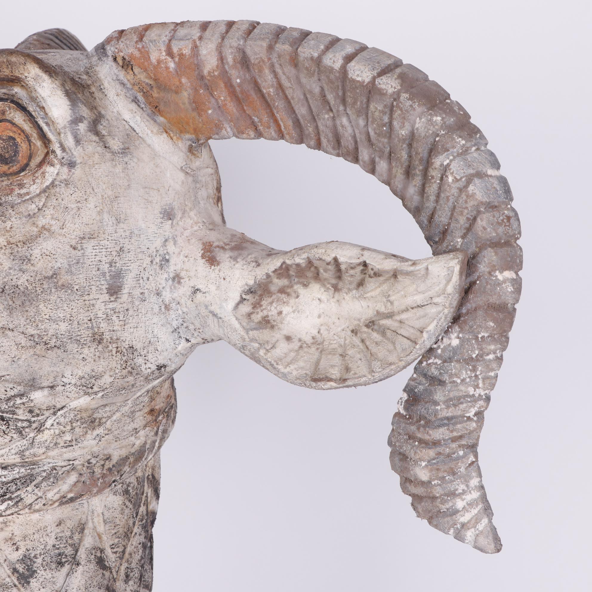 Folk Art Style Carved Wooden Billy Goat Head on Stand