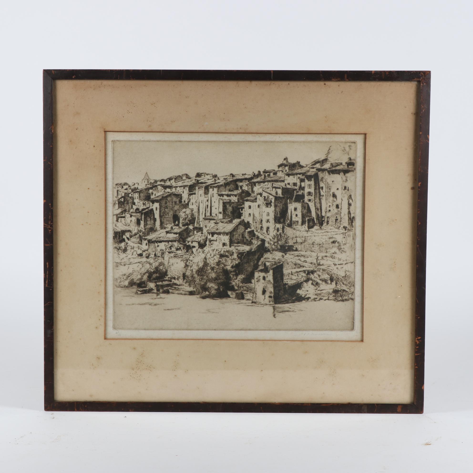 Pierre Louis Moreau Limited Edition Etching of a Mountain Village