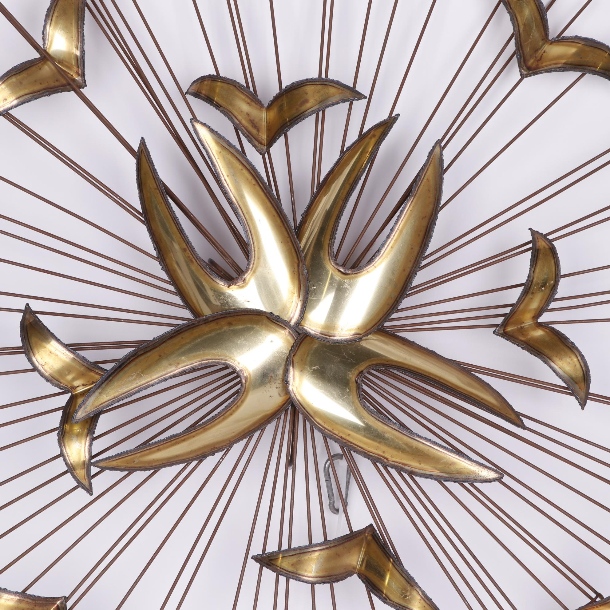 Brass Sunburst with Birds Wall Hanging, Mid-Century