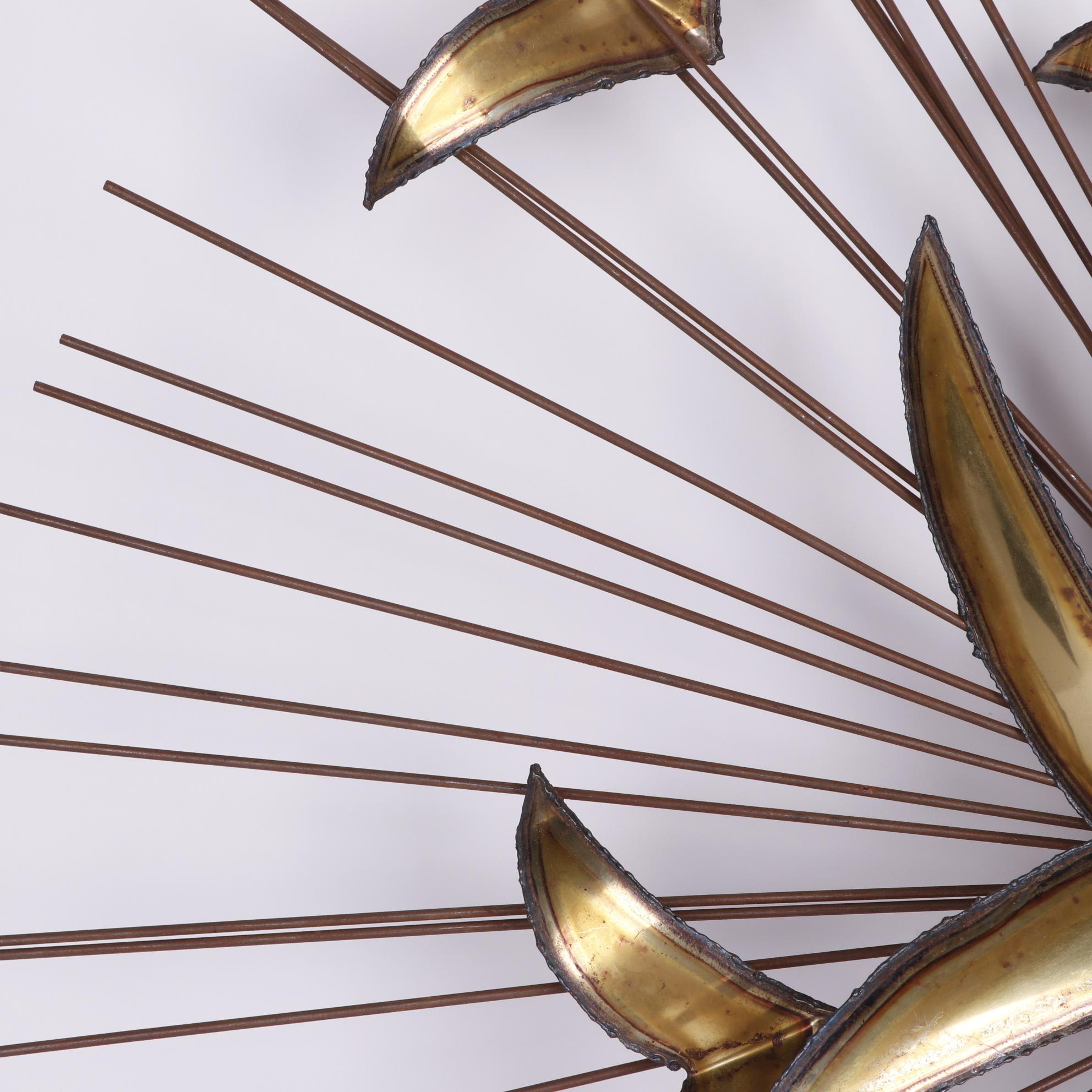 Brass Sunburst with Birds Wall Hanging, Mid-Century