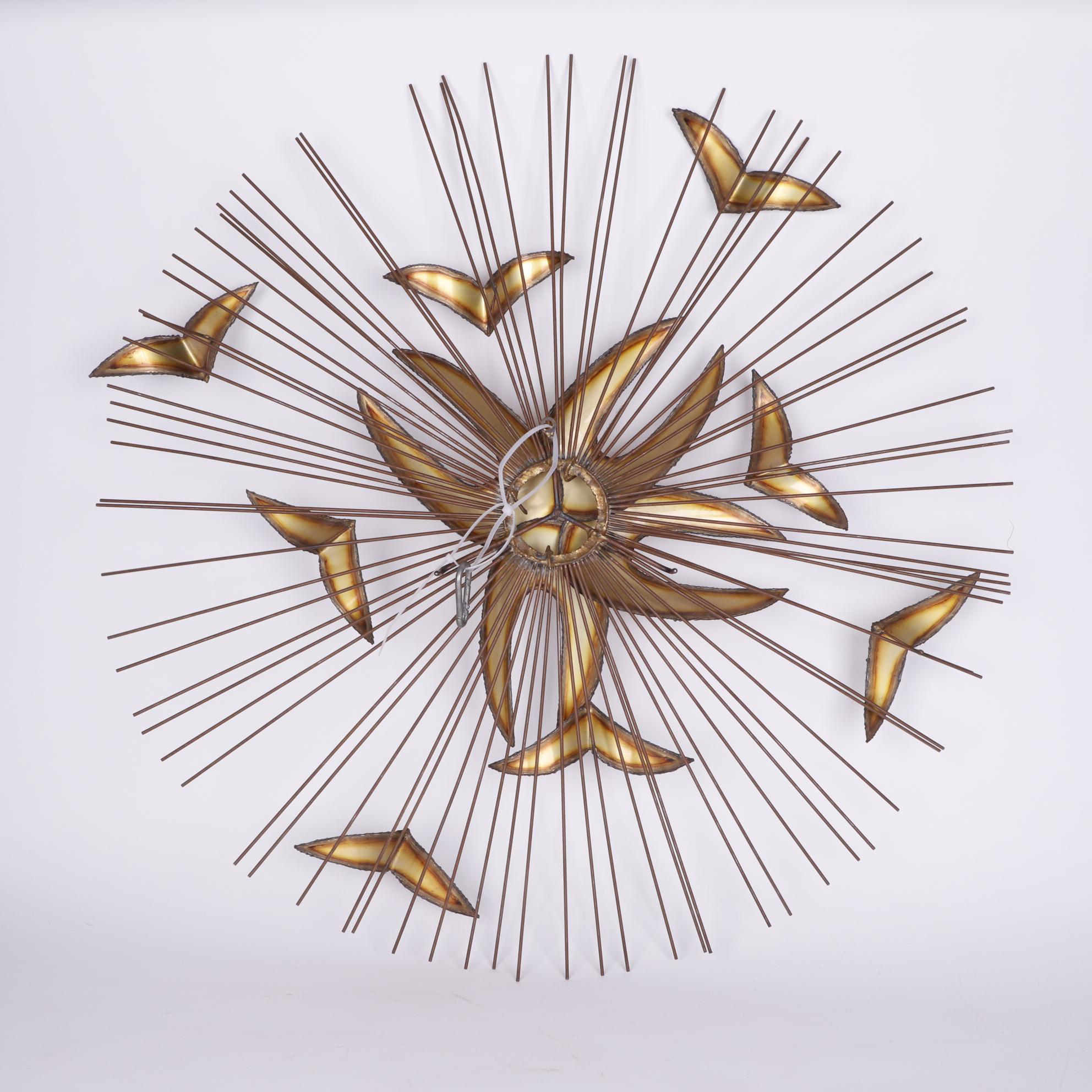 Brass Sunburst with Birds Wall Hanging, Mid-Century
