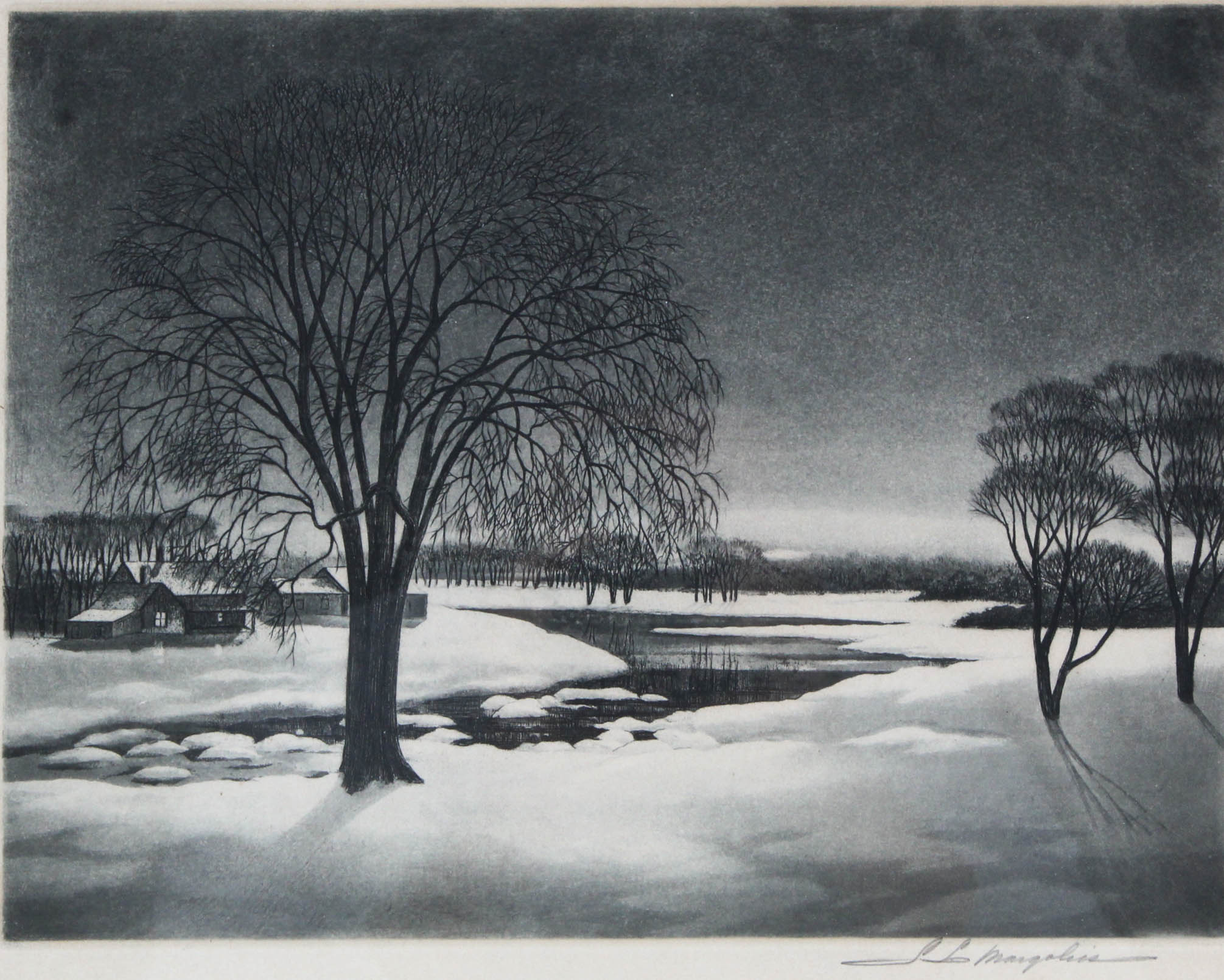 S. L. Margolies 1940s Aquatint Etching "Still as the Night"
