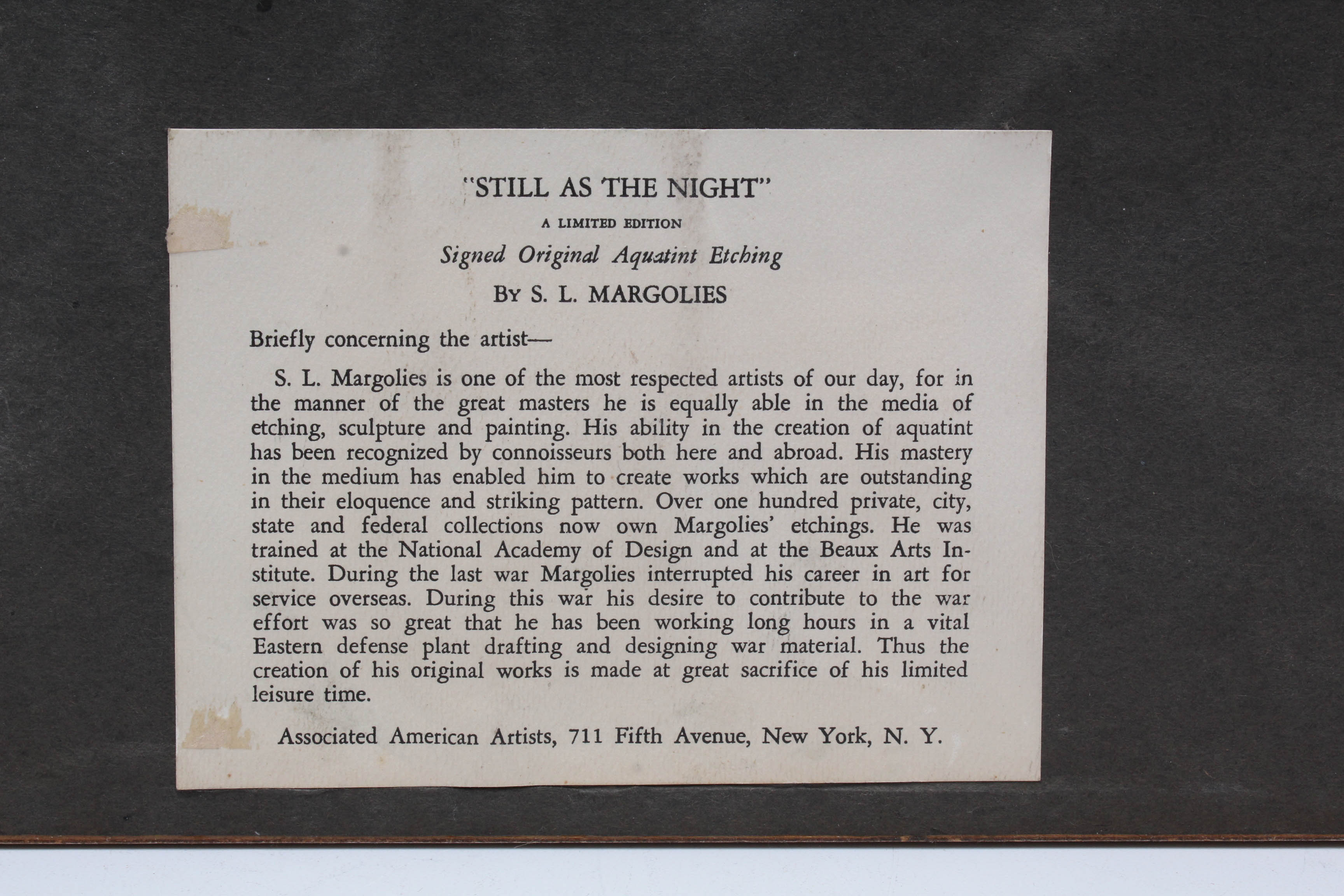 S. L. Margolies 1940s Aquatint Etching "Still as the Night"