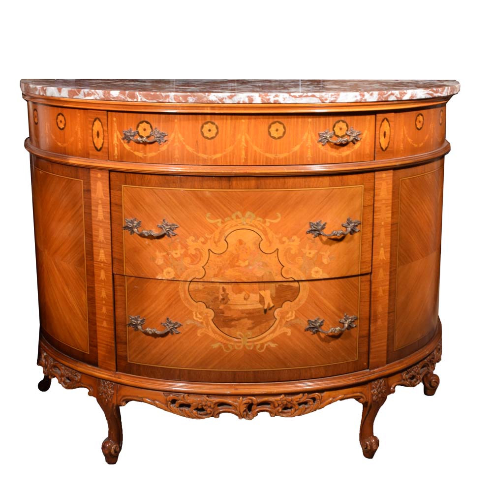 Louis XVI Style Marble Topped Demilune Console Table