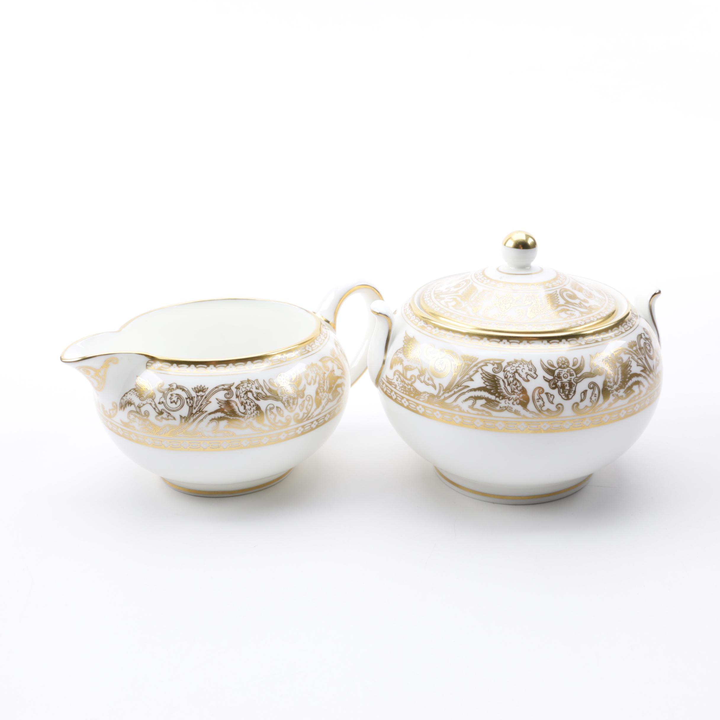 Vintage Wedgwood "Gold Florentine" Bone China Creamer and Lidded Sugar Bowl