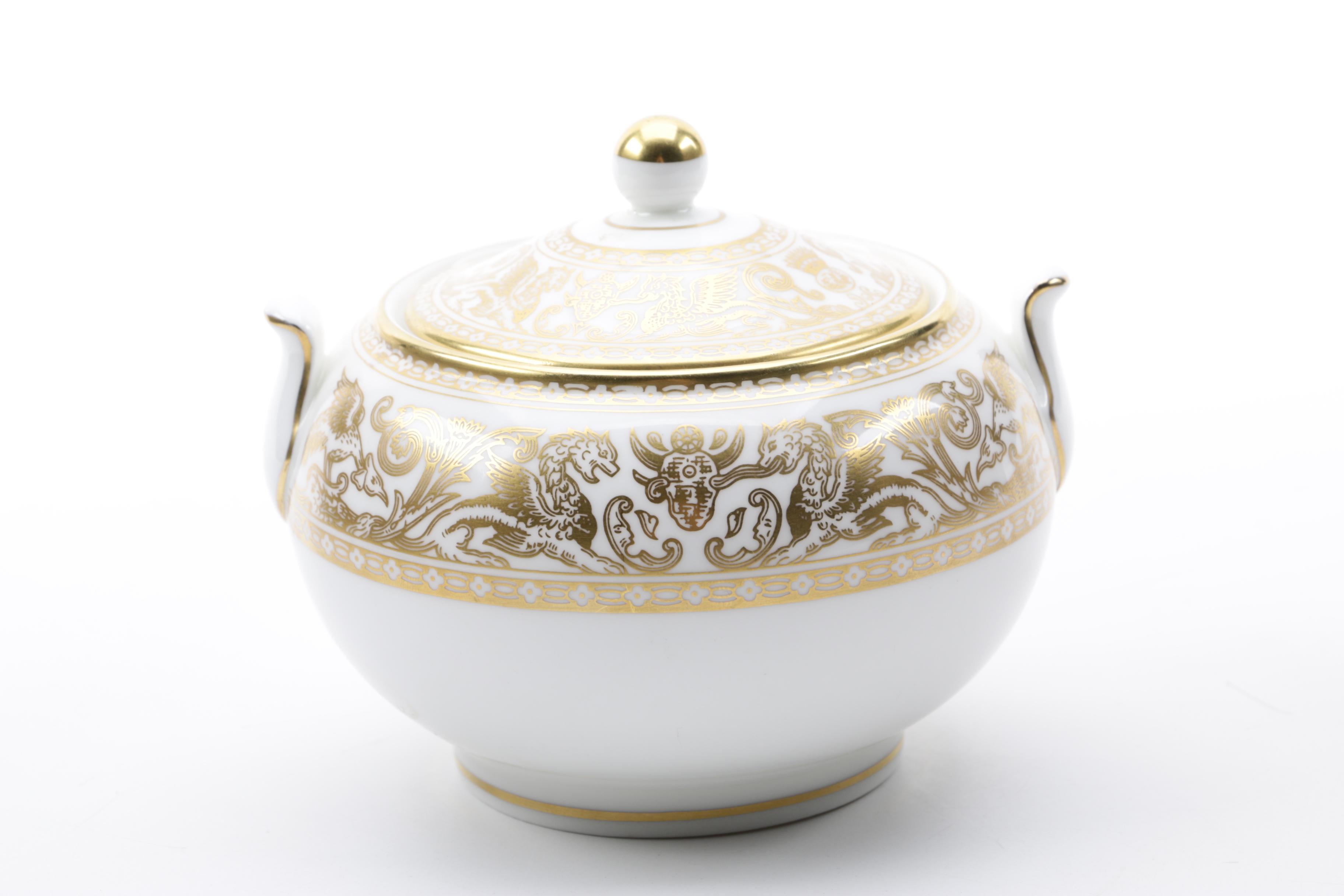 Vintage Wedgwood "Gold Florentine" Bone China Creamer and Lidded Sugar Bowl