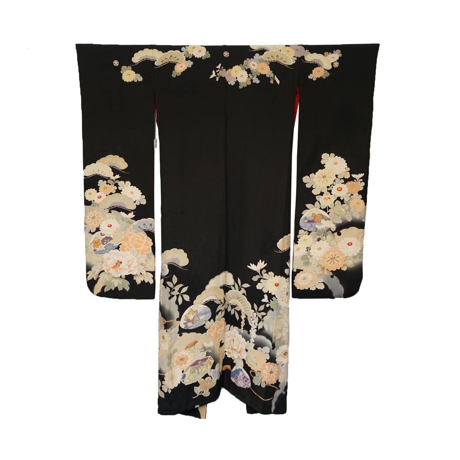 Circa 1890 Antique Handwoven Silk Crepe Formal Five Crested Furisode Kimono