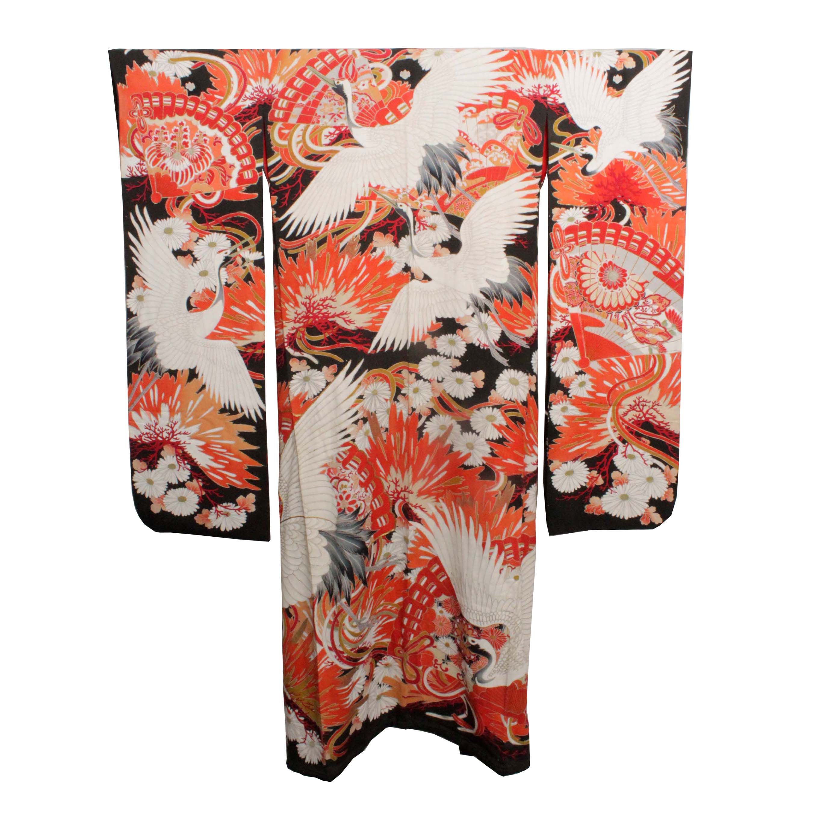 Circa 1915 Antique Handwoven Silk Crepe Formal Crested Furisode Kimono