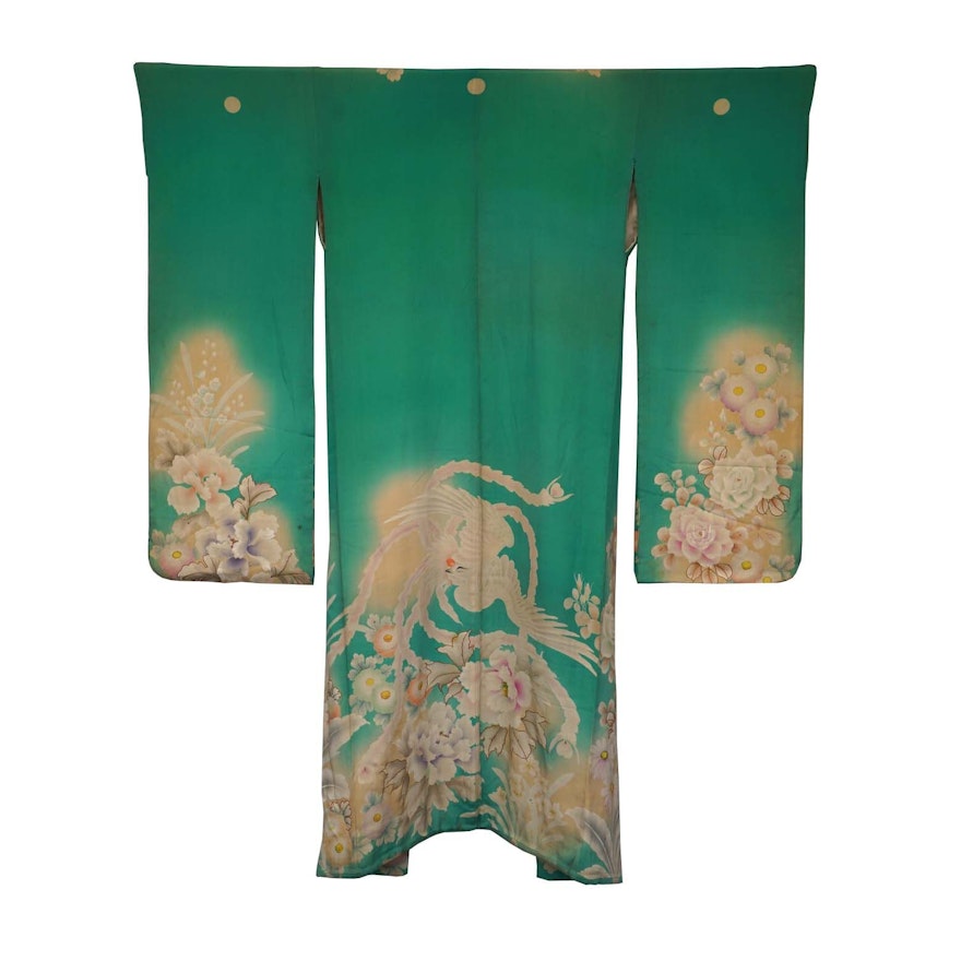 Circa 1880 Antique Handwoven Silk Crepe Five Crested Furisode Kimono