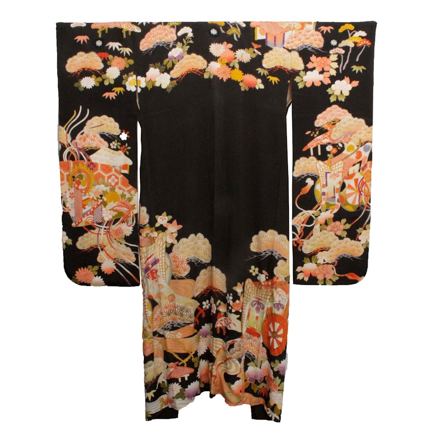 Circa 1915 Antique Handwoven Silk Crepe Formal Crested Furisode Kimono