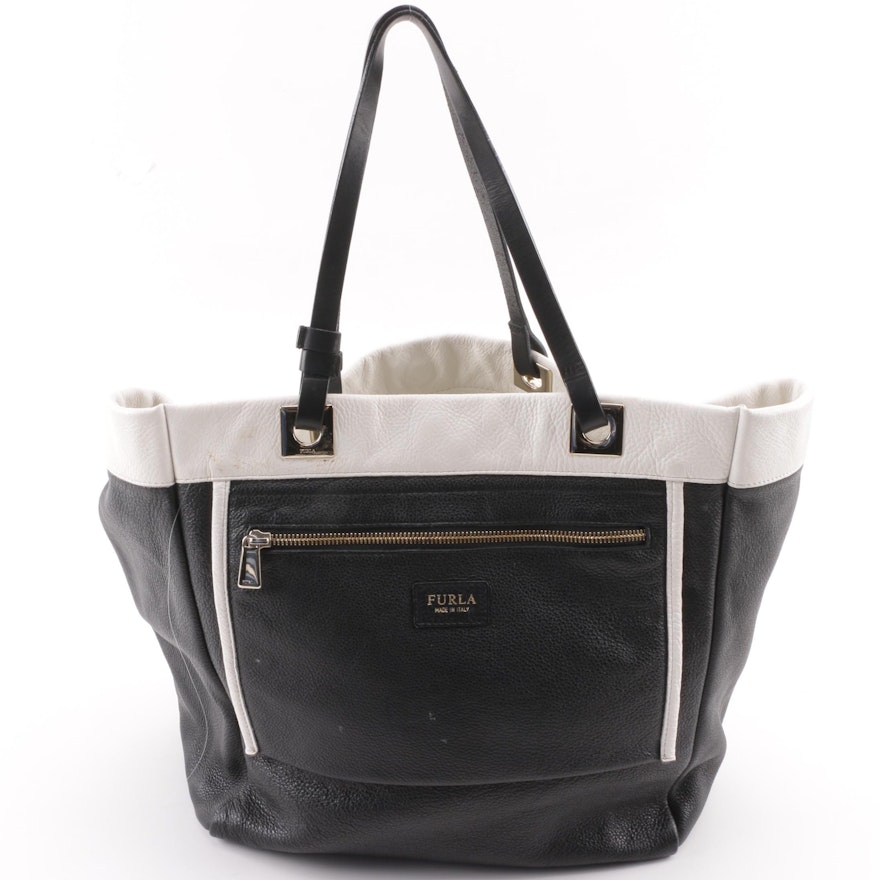 Furla Black and White Pebbled Leather Tote