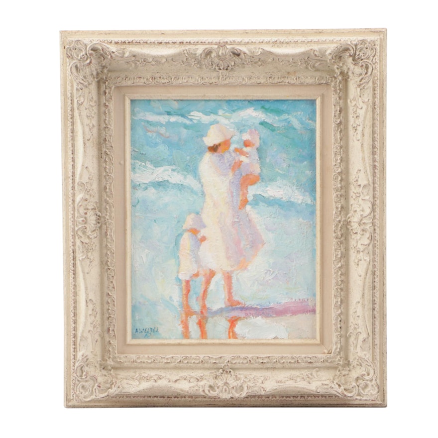 Ann Weibel Impressionist Style Oil Painting of Mother and Children at the Beach