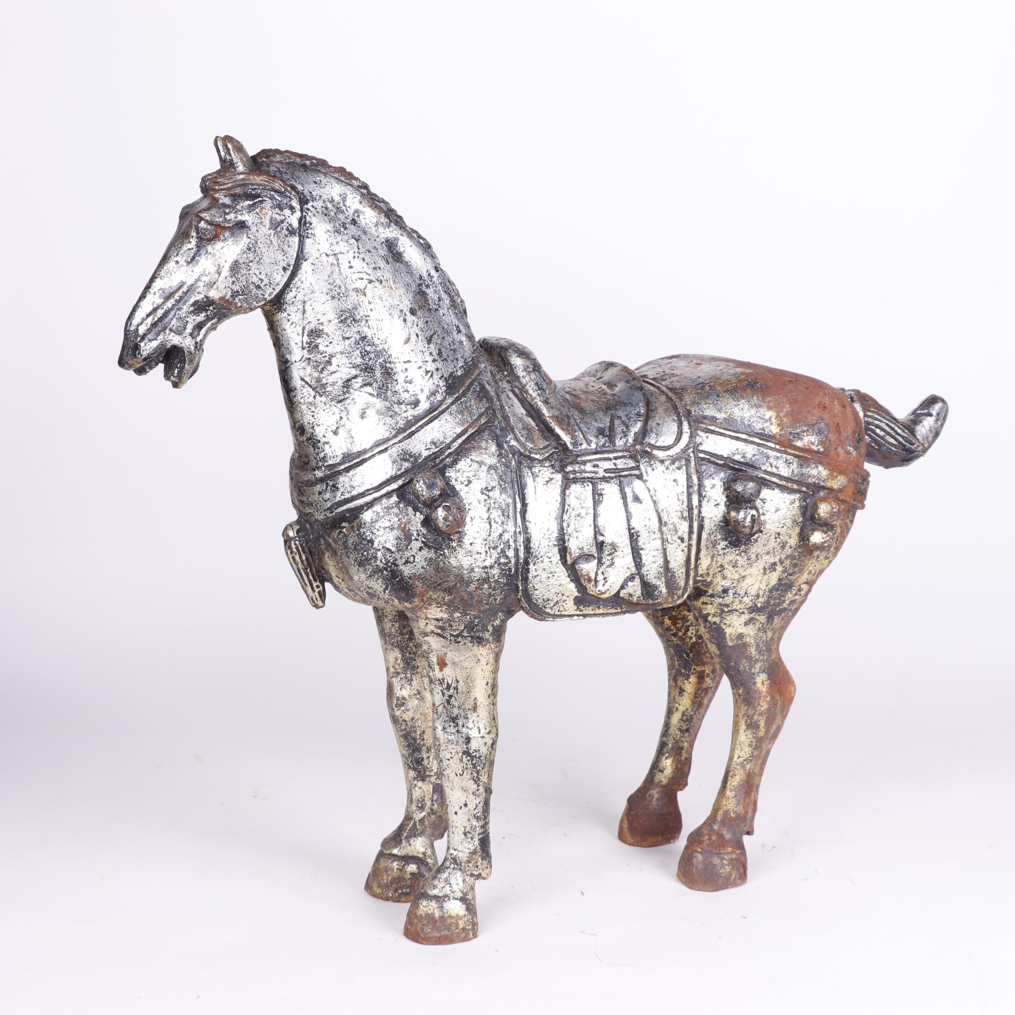Chinese Tang Style Painted Metal Horse Sculpture