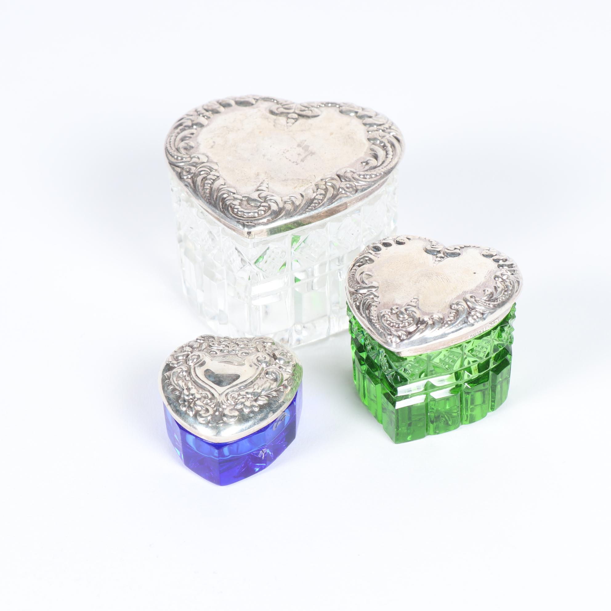 Sterling Lidded Heart-Shaped Crystal Vanity Jars