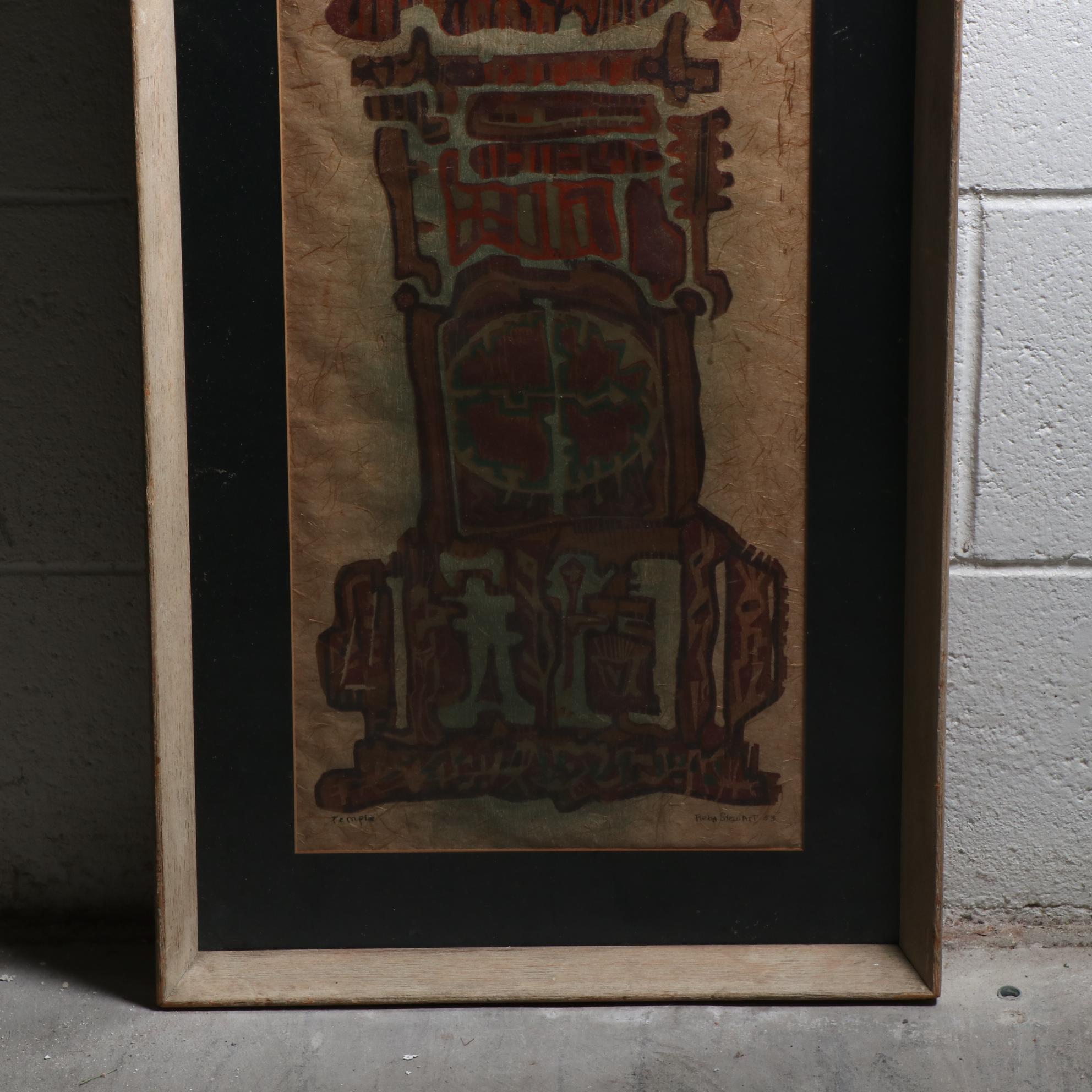 Reba Stewart Woodcut on Handmade Paper "Temple" 1953