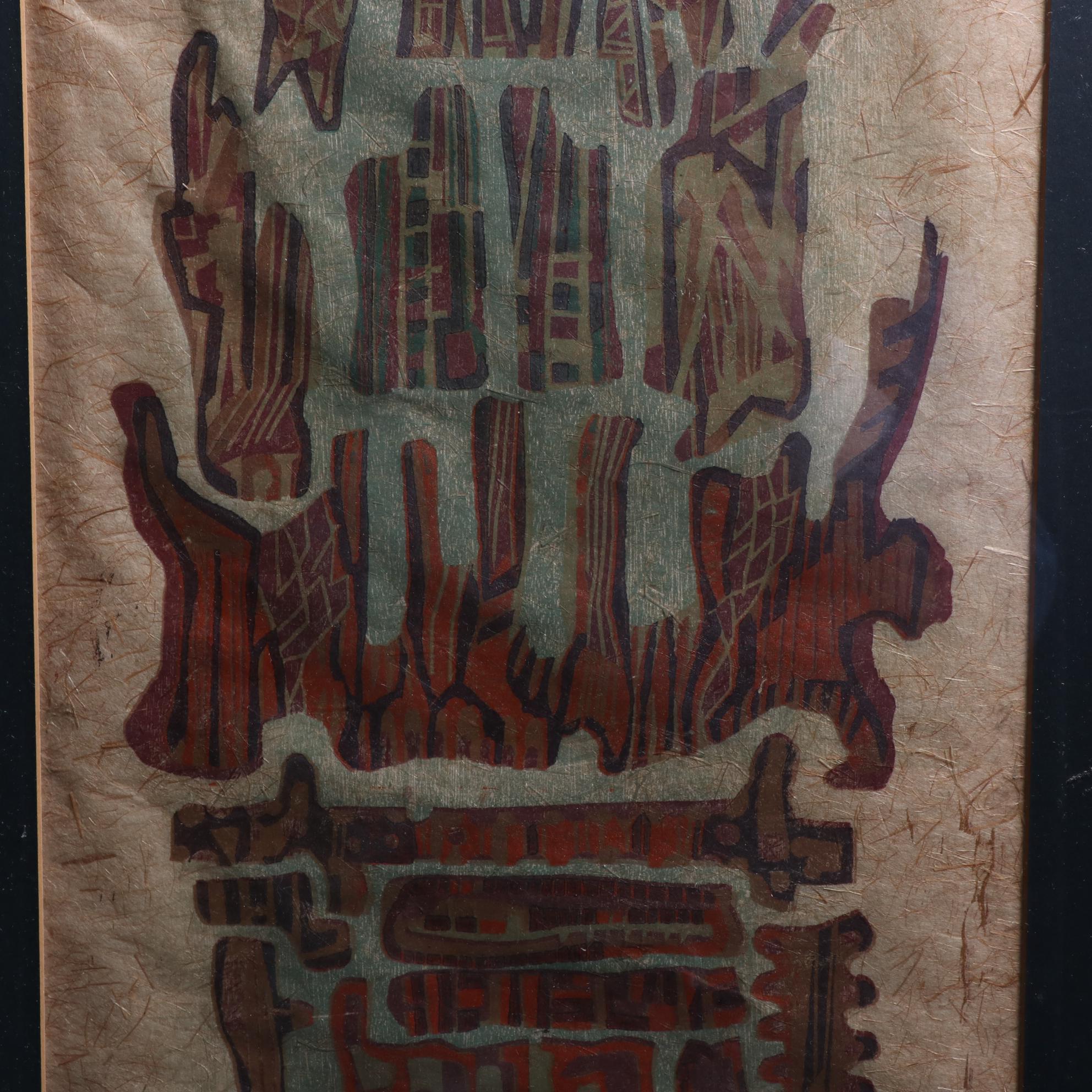 Reba Stewart Woodcut on Handmade Paper "Temple" 1953