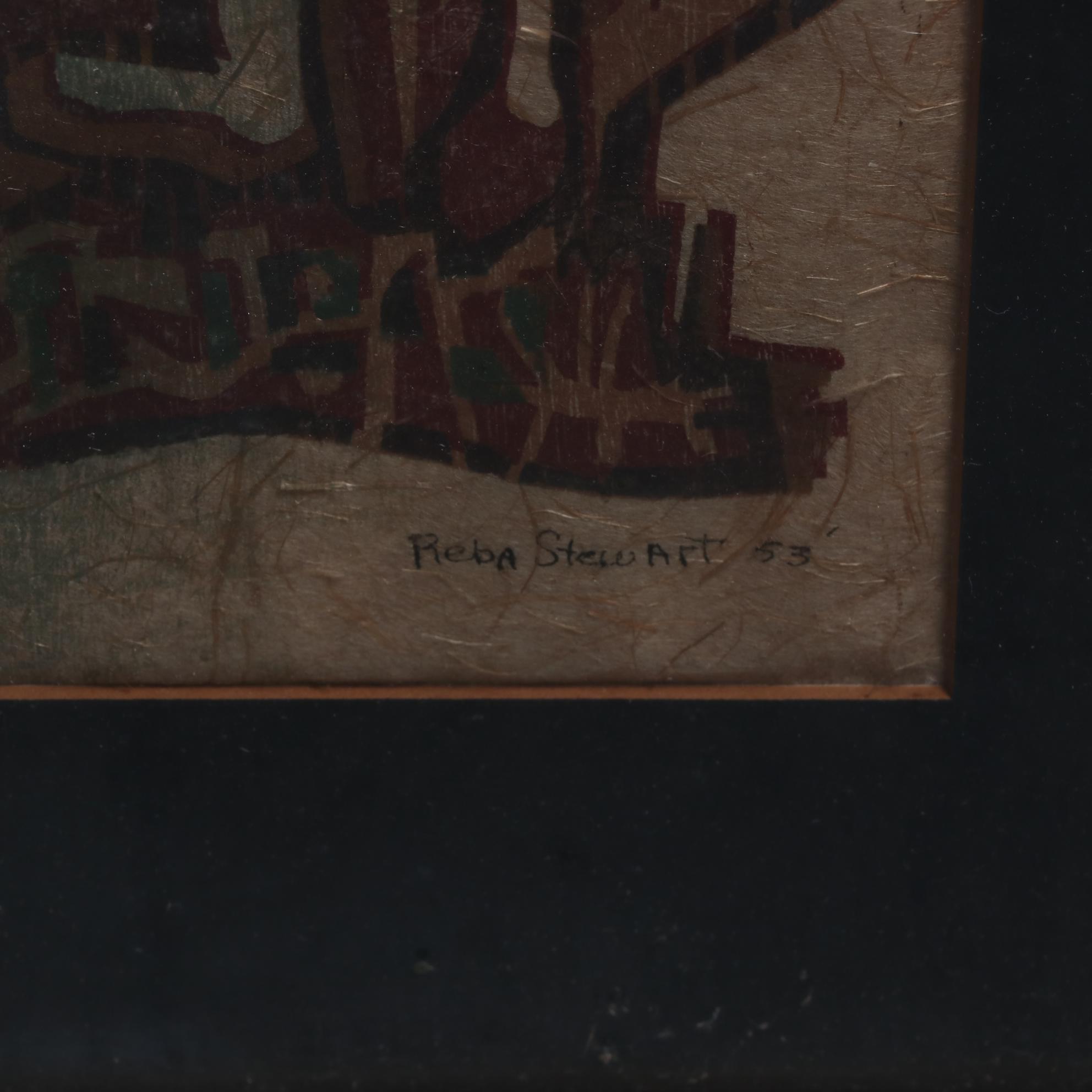 Reba Stewart Woodcut on Handmade Paper "Temple" 1953