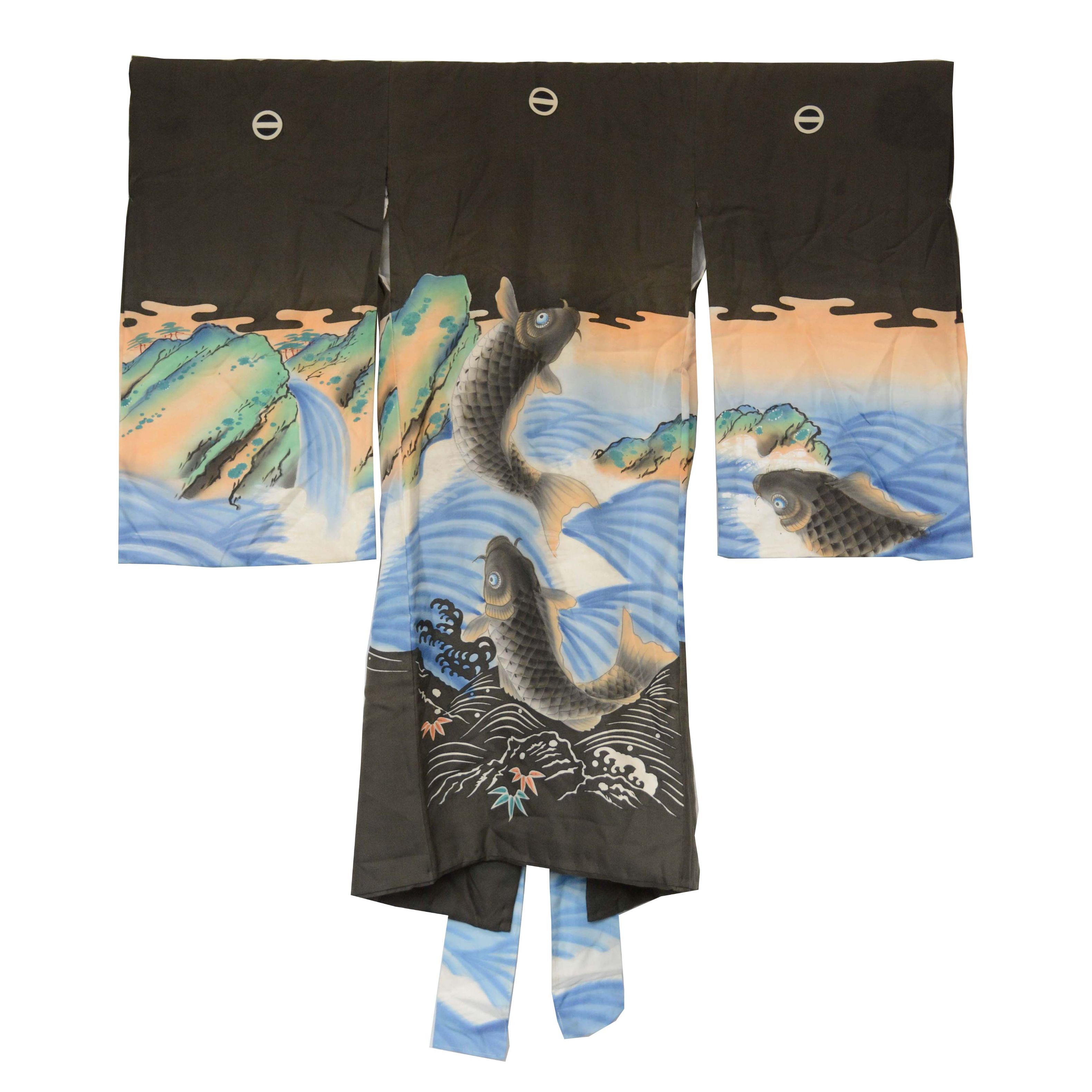 Boys' Circa 1900 Antique Handwoven Silk Formal Crested Miyamairi Infant Kimono