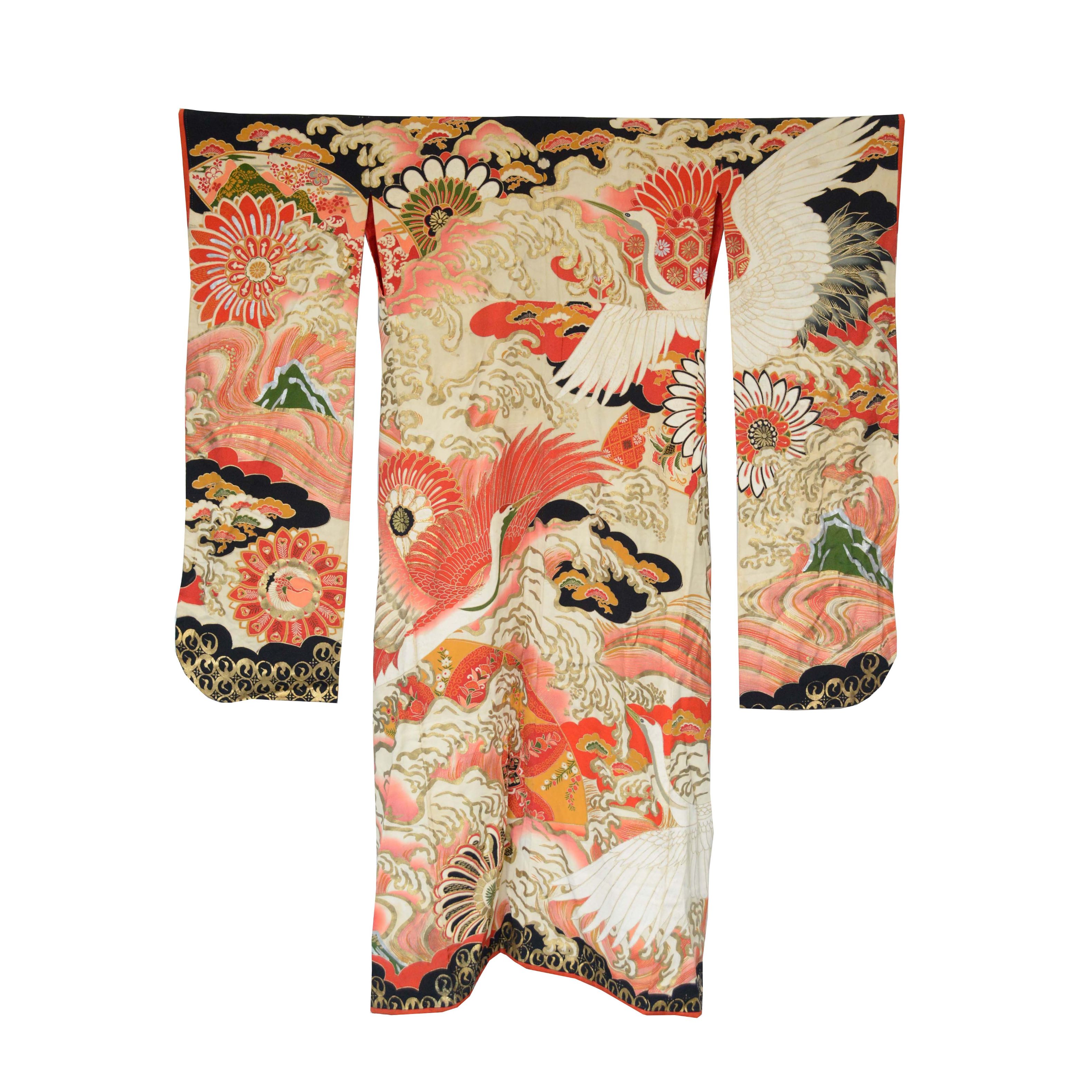 Circa 1925 Vintage Handwoven Silk Crepe Formal Crested Furisode Kimono