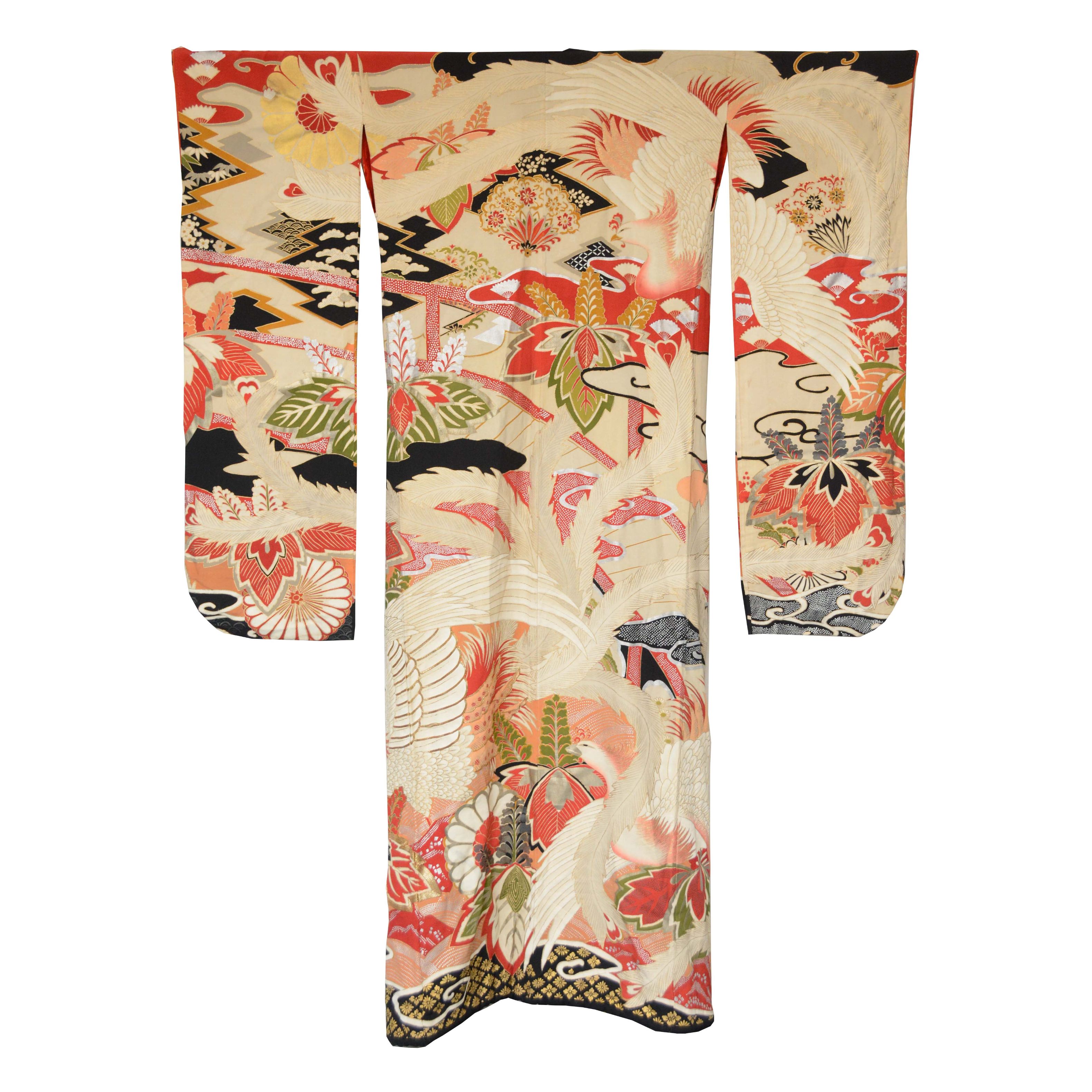 Circa 1915 Vintage Handwoven Formal Crested Silk Crepe Furisode Kimono