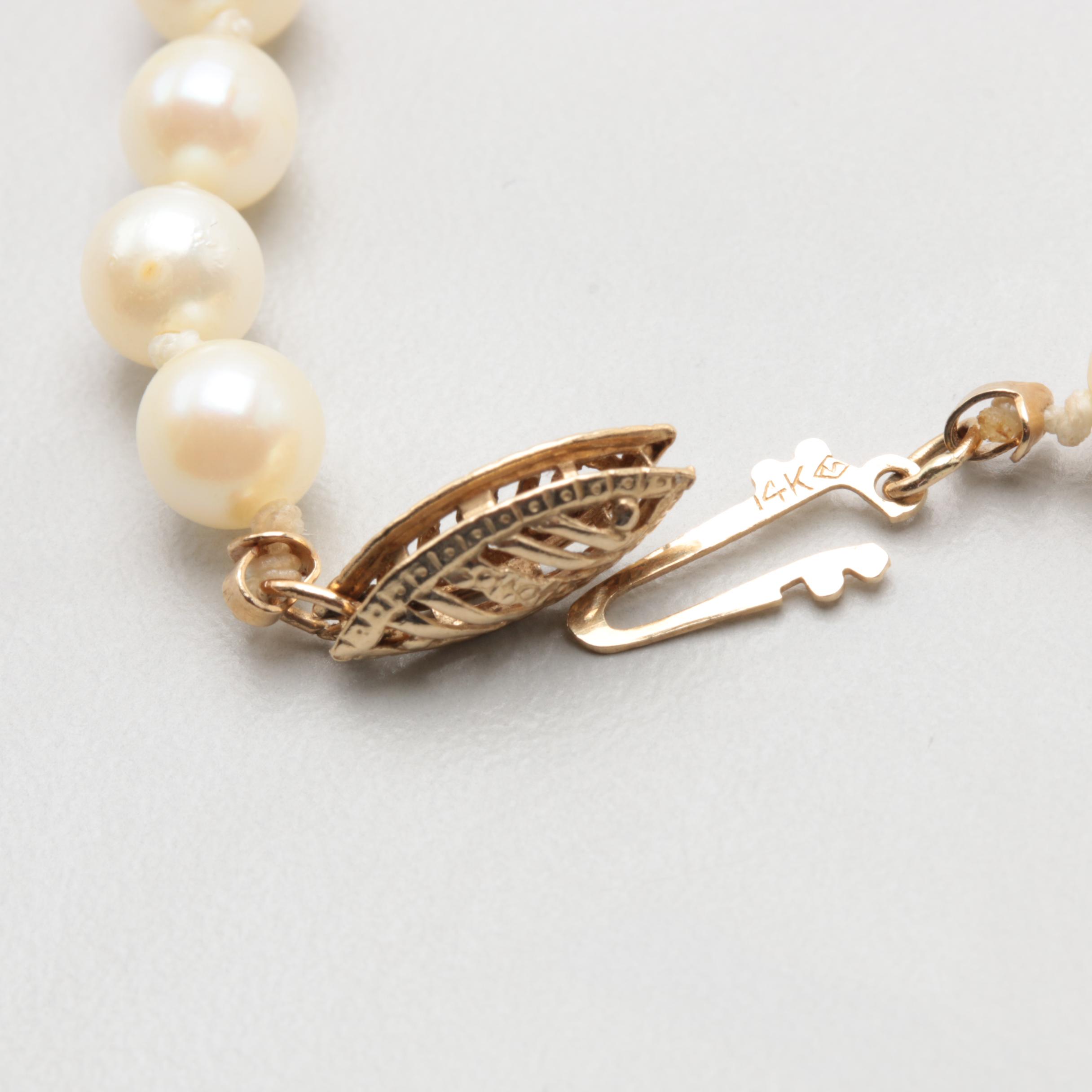 14K Yellow Gold Cultured Pearl Strand Necklace and Earrings