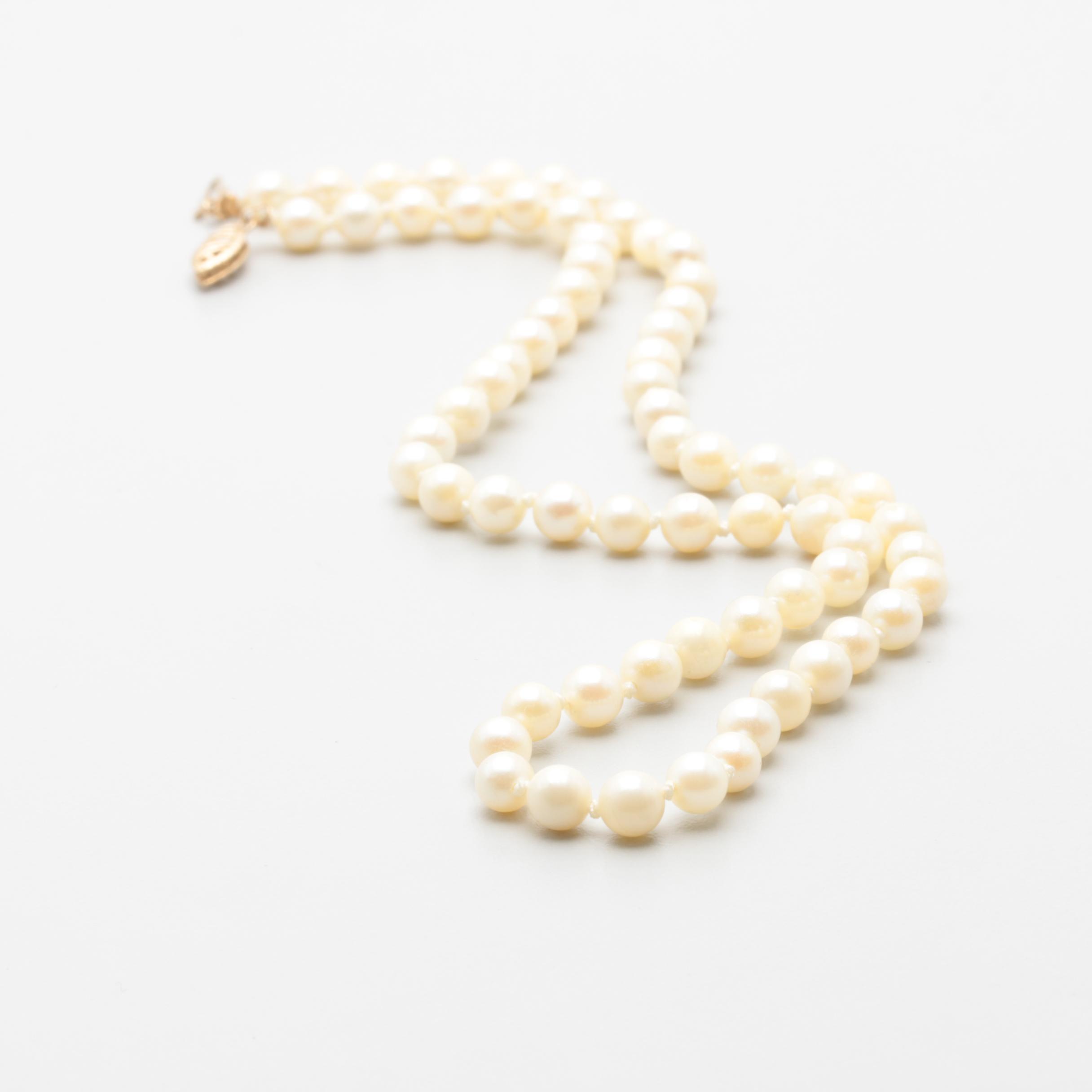 14K Yellow Gold Cultured Pearl Strand Necklace and Earrings