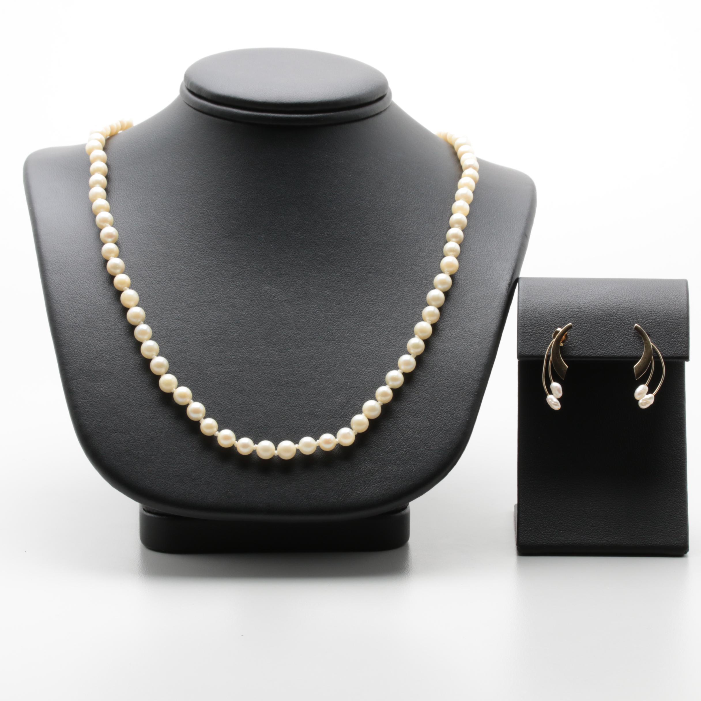 14K Yellow Gold Cultured Pearl Strand Necklace and Earrings