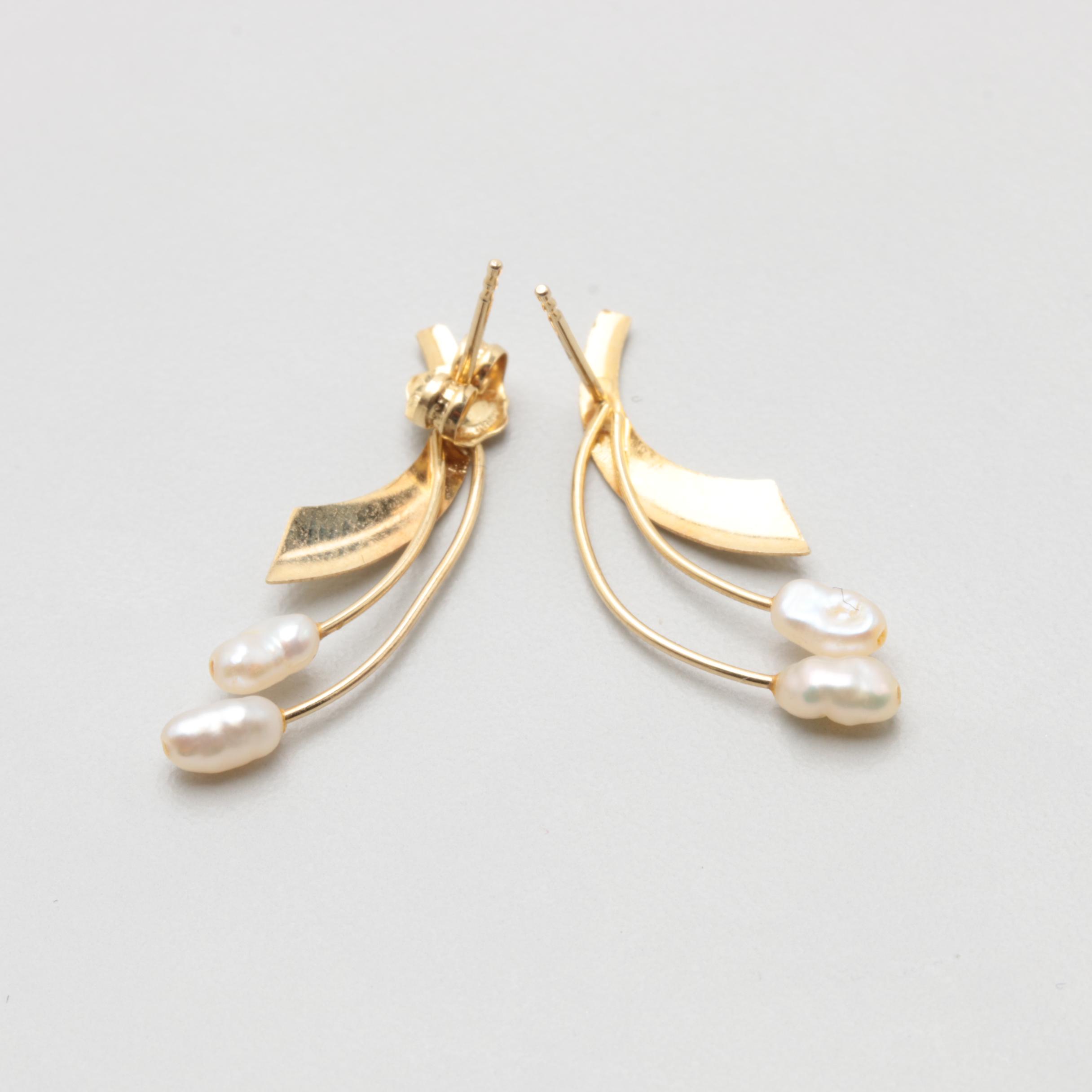 14K Yellow Gold Cultured Pearl Strand Necklace and Earrings