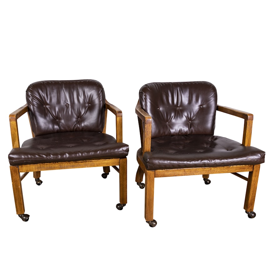 Oak Open Arm Tub Chairs on Casters, Mid-20th Century