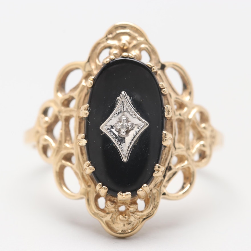 10K Yellow Gold Diamond and Black Onyx Ring