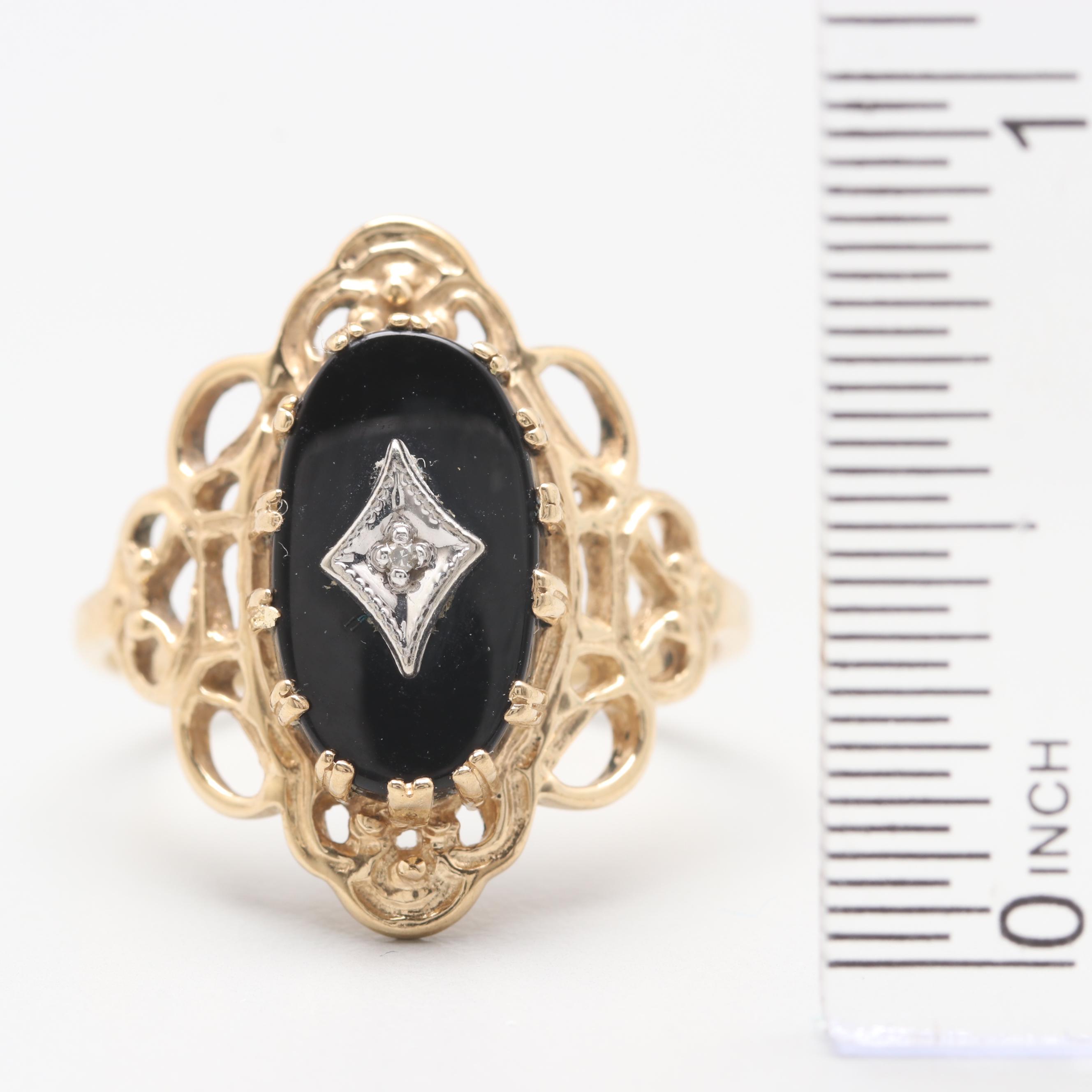 10K Yellow Gold Diamond and Black Onyx Ring