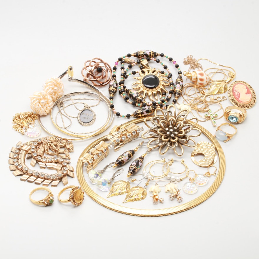 Assorted Gold Tone Shell, Bone and Glass Costume Jewelry