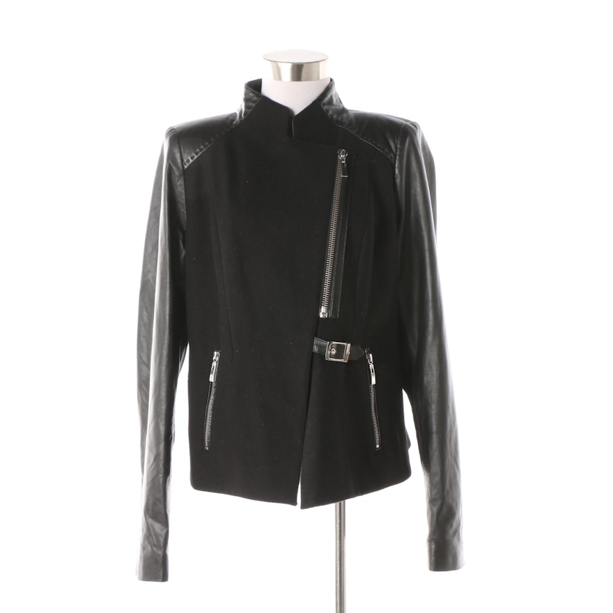 Women's Anne Fontaine Mulan Black Wool and Lambskin Leather Jacket