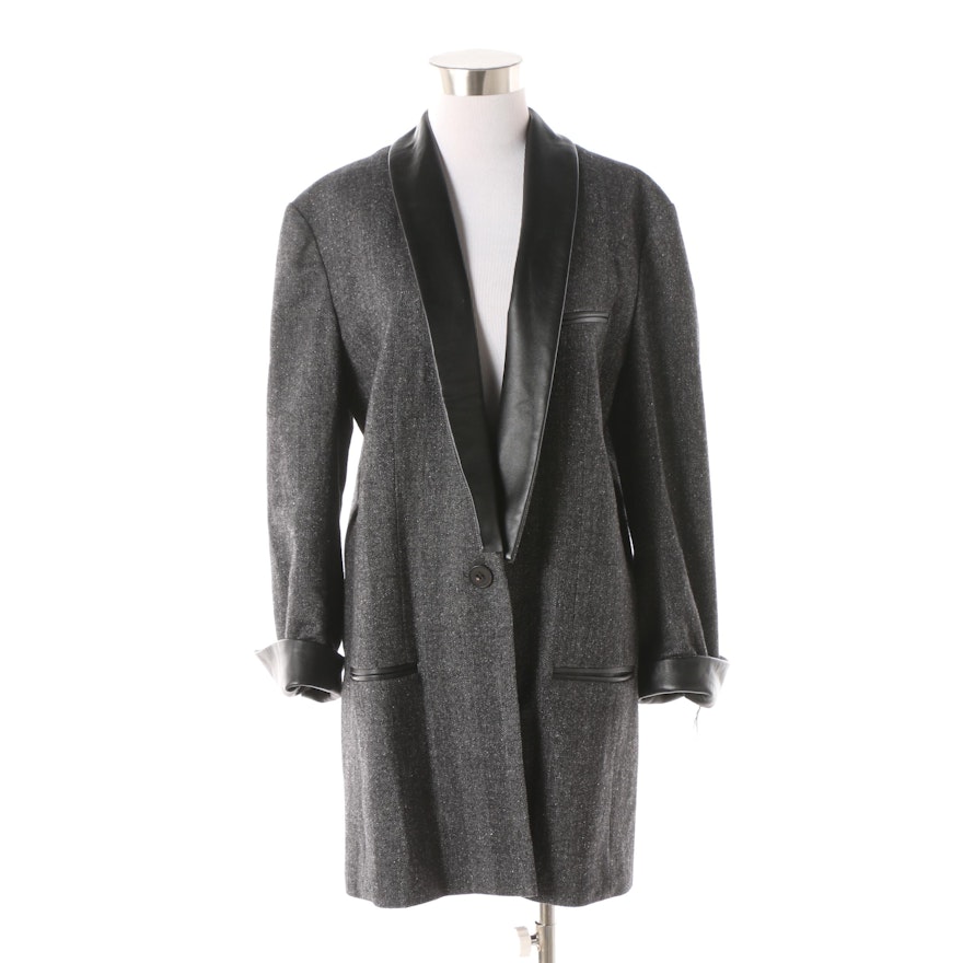 Anne Fontaine Mathias Dark Grey Wool Blend Jacket with Black Lambskin Trim